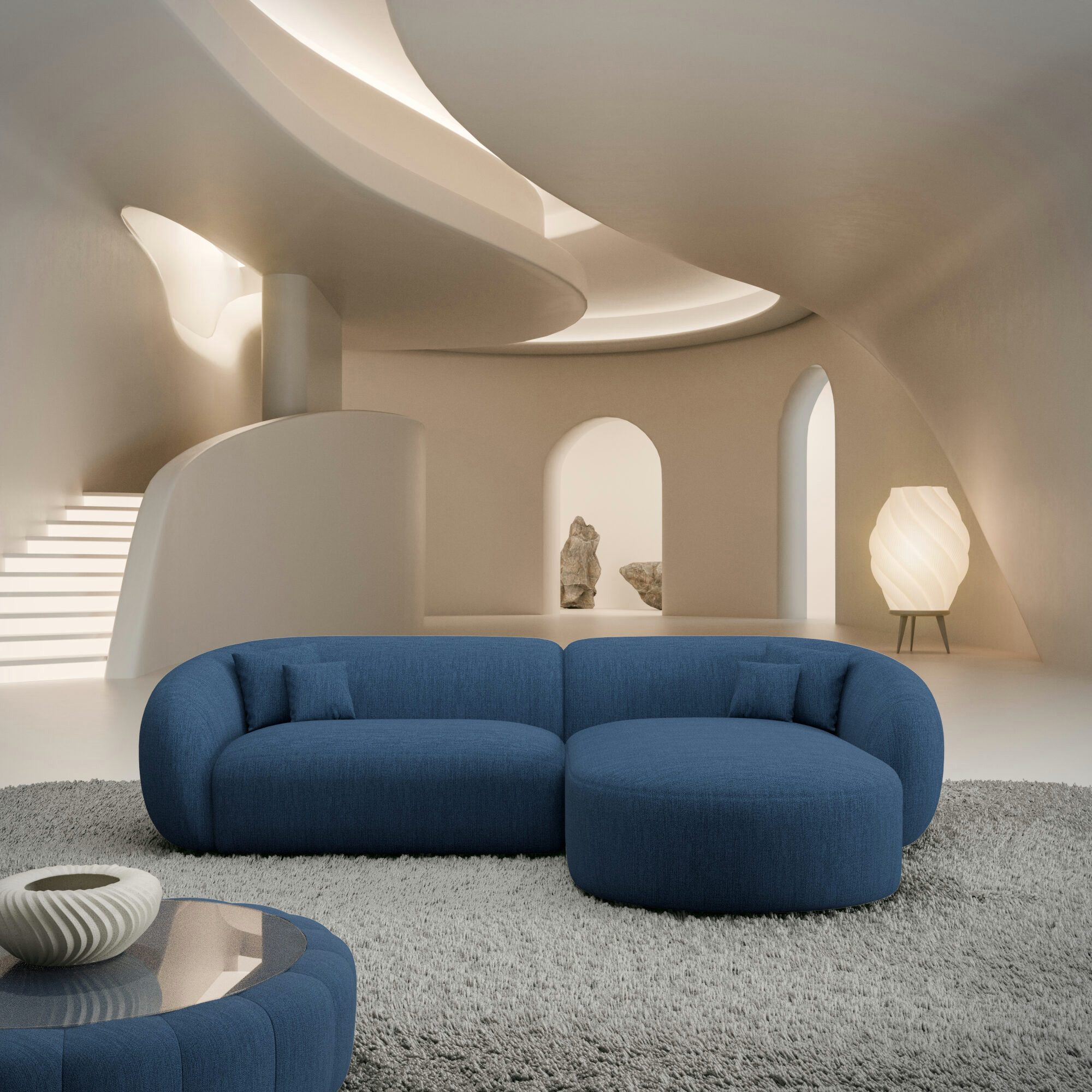 Sofa Dreams Ecksofa Sorelia L Form kurz Stoffsofa, 4-Sitzer, Loungesofa, Ottomane rechts, Strukturstoff Bezug in Blau