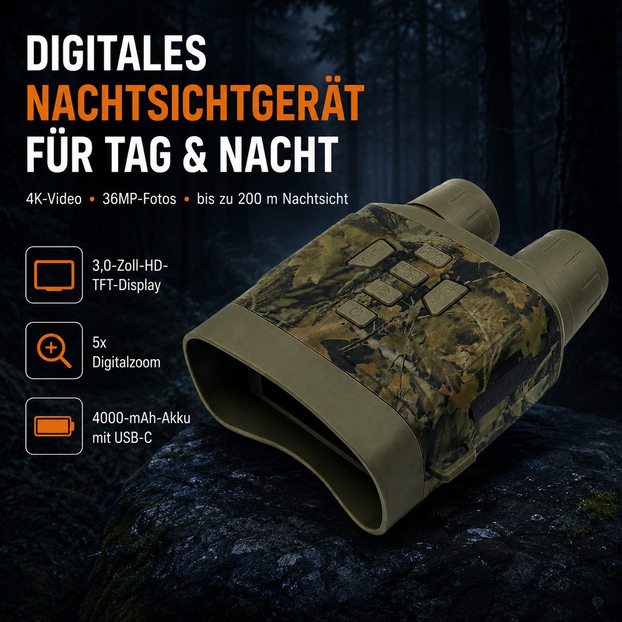 Tekoo Nachtsichtgerät Digitales Nachtsichtgerät 4K 36MP Infrarot Fernglas 200m inkl. 64GB, 4K-Video, 36MP, 200m Nachtsicht, 3" HD-Display & 4000mAh Akku