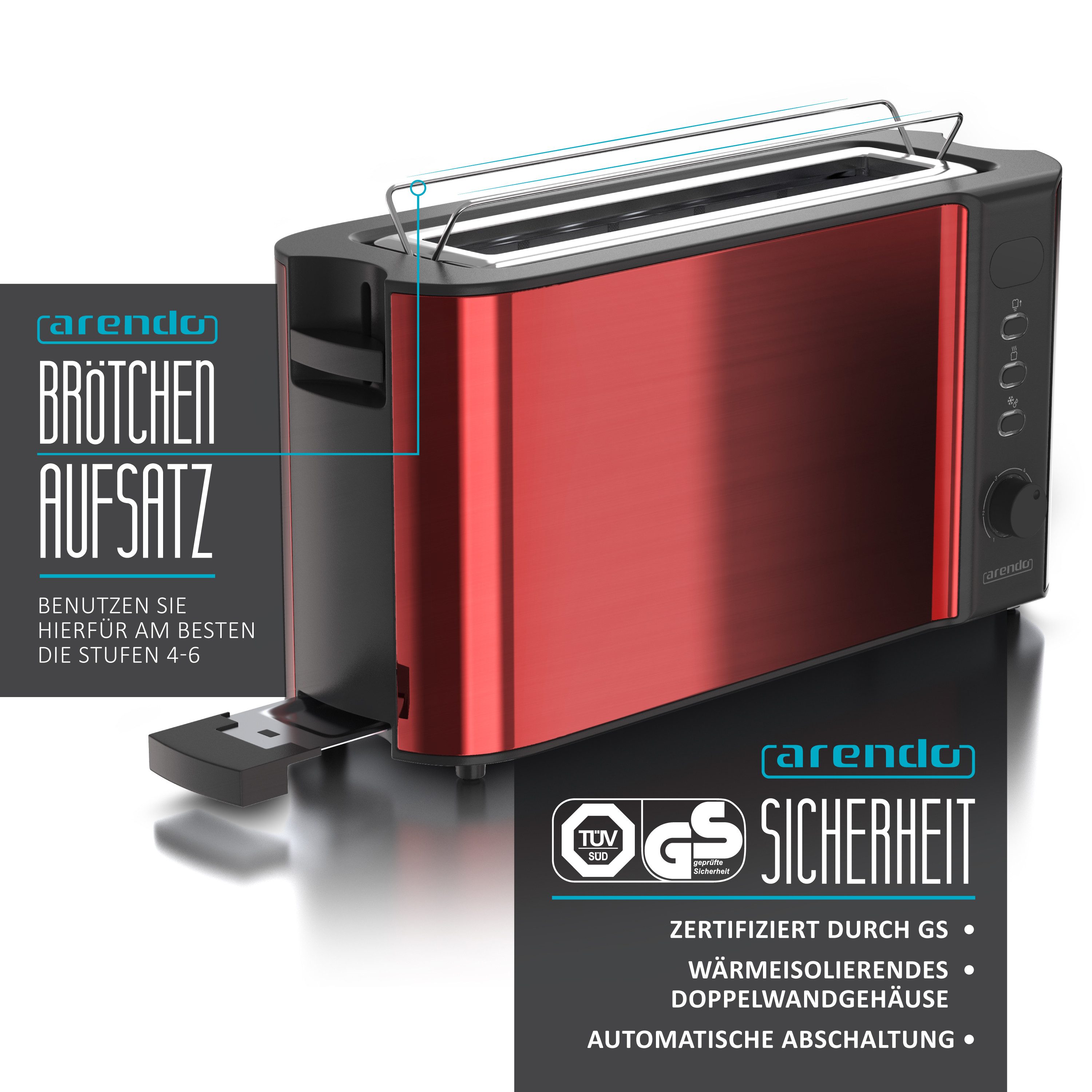 Arendo Frühstücks-Set Edelstahl Wasserkocher 1,7l, 2-Scheiben Langschlitz Toaster, rot (2-tlg), Frühstücksset, Wasserkocher Retro, 2200W, Toaster Brötchenaufsat – Bild 5 von 5