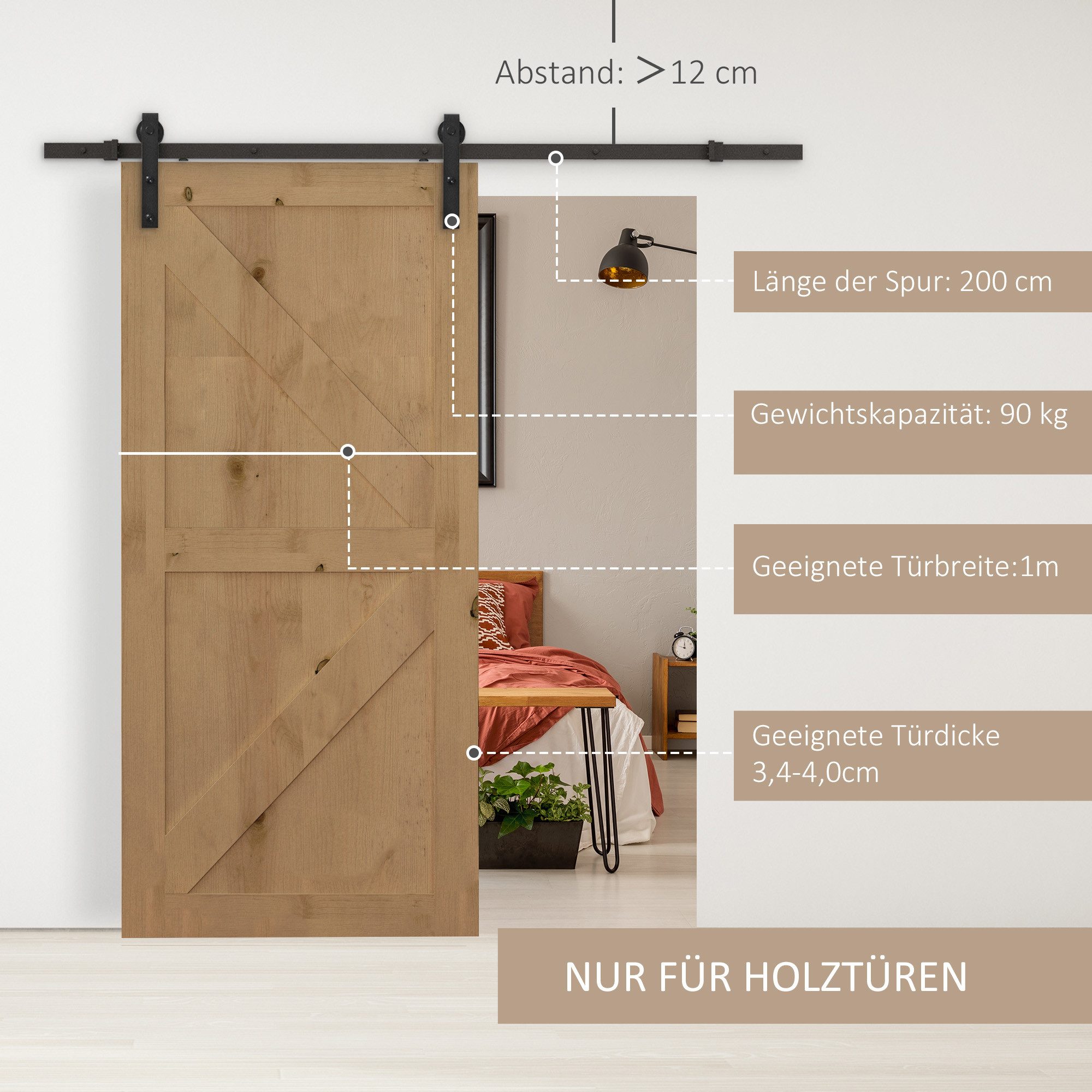 HOMCOM Türbeschlag Komplett-Set mit Schienen, Rollen, Schienenstopper (Schiebetürsystem, 1 St., Schiebetüren-Beschlagsatz), aus Kohlenstoffstahl Schwarz – Bild 4 von 5