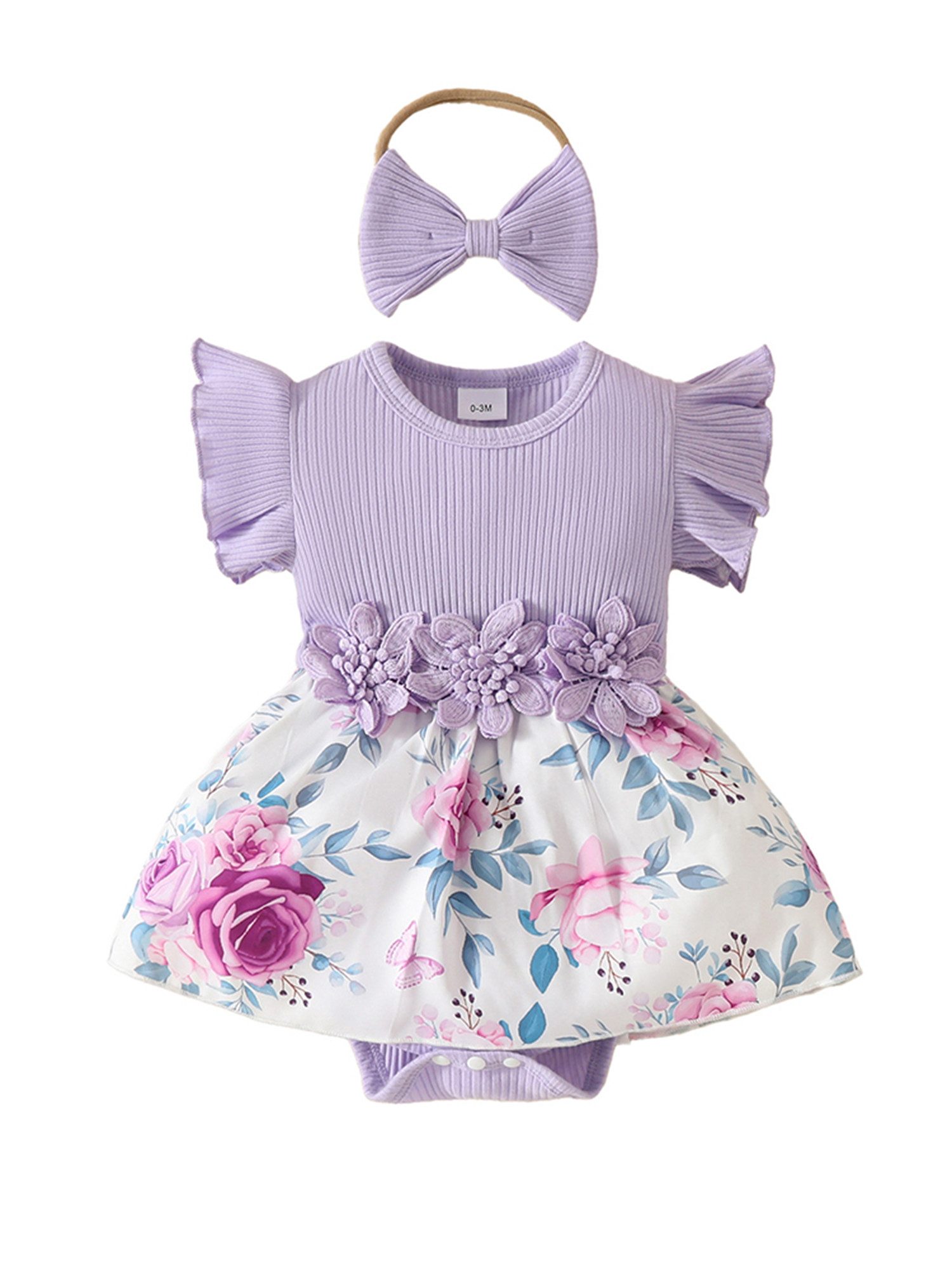 Lapastyle Strampler Neugeborenes Kurzarm Blumen Strampler & Haarband Outfits Baby Mädchen (Set, 2-tlg) Babykleidung mit Rüschen Sommerkleid süß Partykleid Set