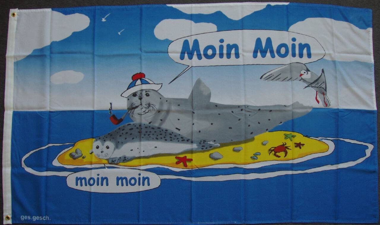 flaggenmeer Flagge Moin Moin Seehunde auf Sandbank 80 g/m²