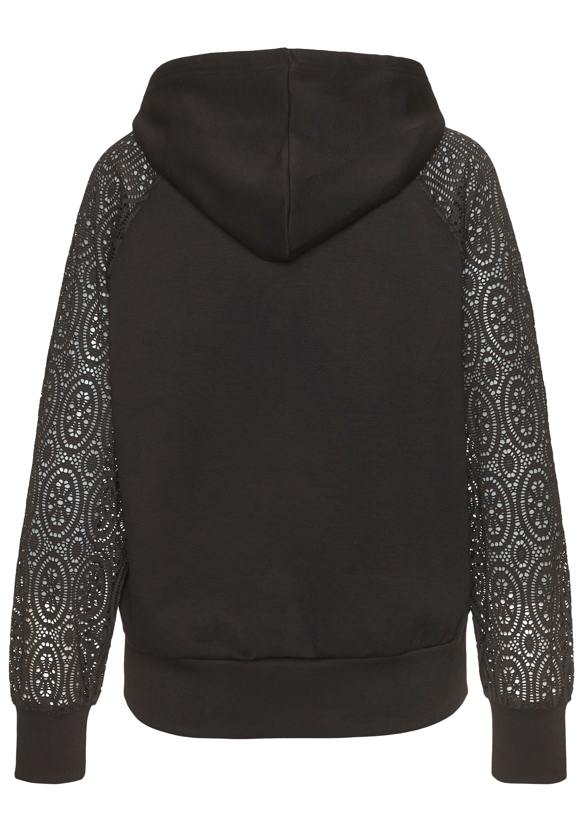 LASCANA Kapuzensweatshirt mit Ärmeln aus elastischer Spitze – Bild 4 von 5