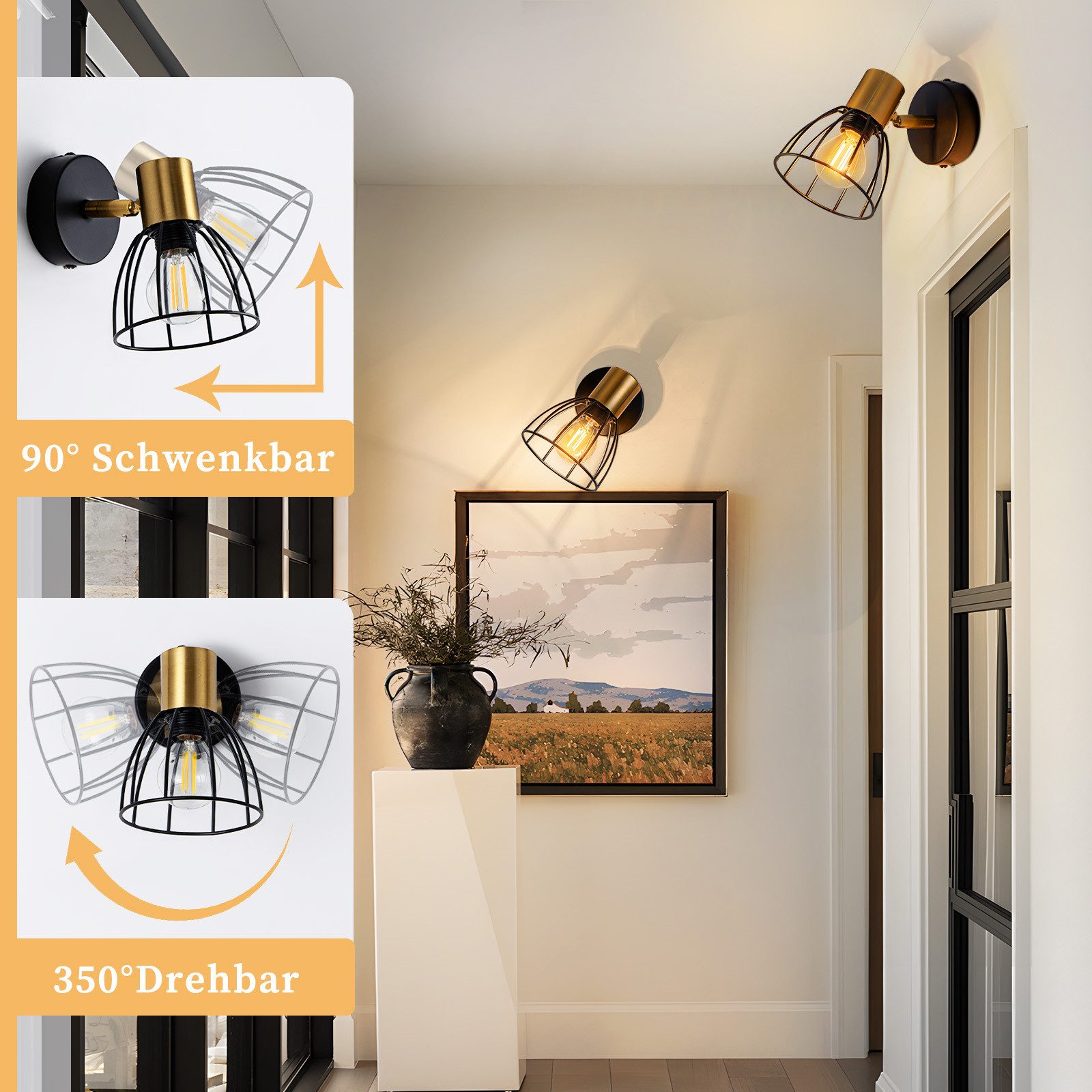 ZMH Wandleuchte innen Wandlampe E14 Wand Vintage Schwarz Wandbeleuchtung, ohne Leuchtmittel