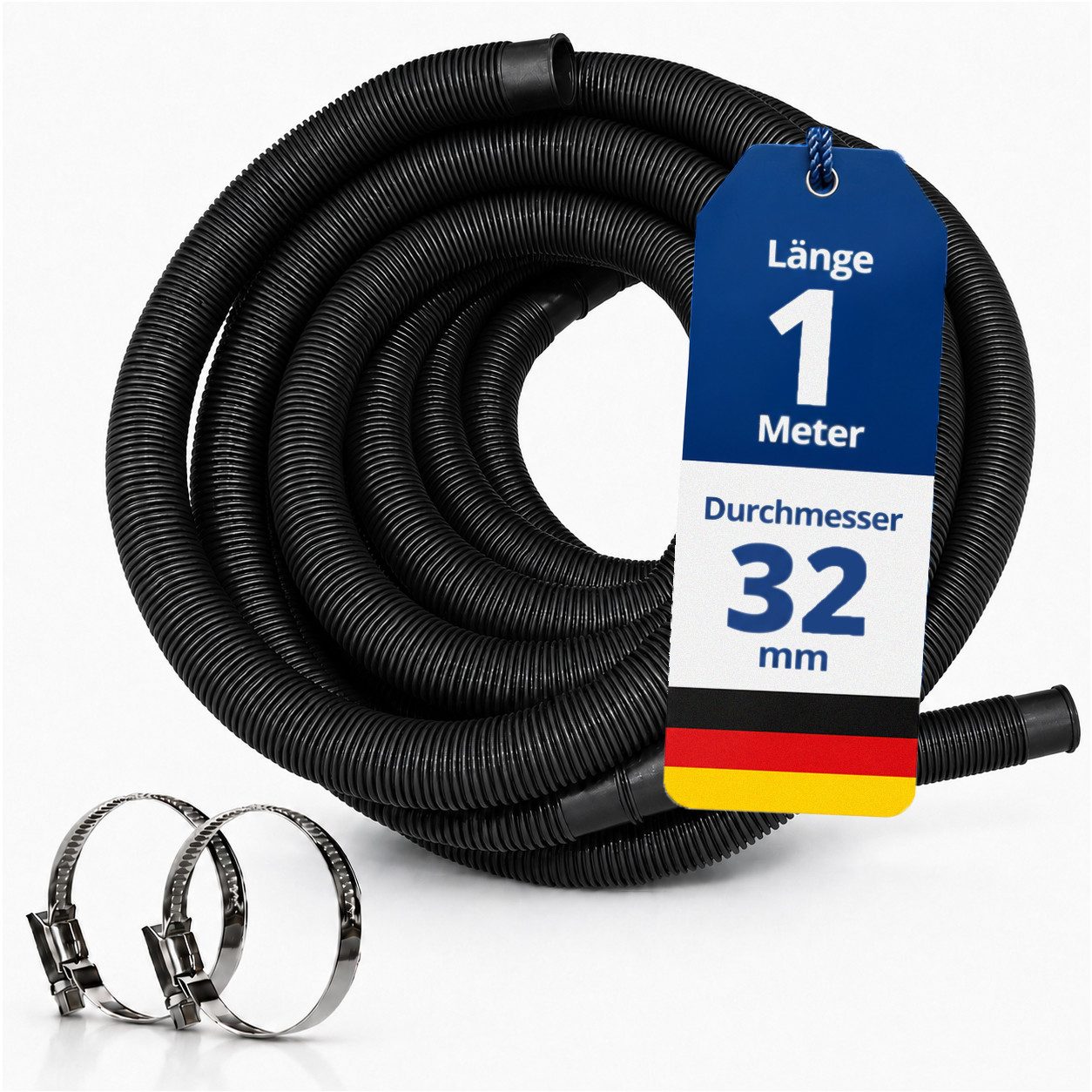 HAF Poolschlauch Schwimmbadschlauch Poolschlauch Solarschlauch Schwarz Ø 32mm 1 Meter, Schlauch "Made in Germany" mit Trennmuffen, inkl. 2 Schlauchschellen aus Edelstahl (25-40mm)