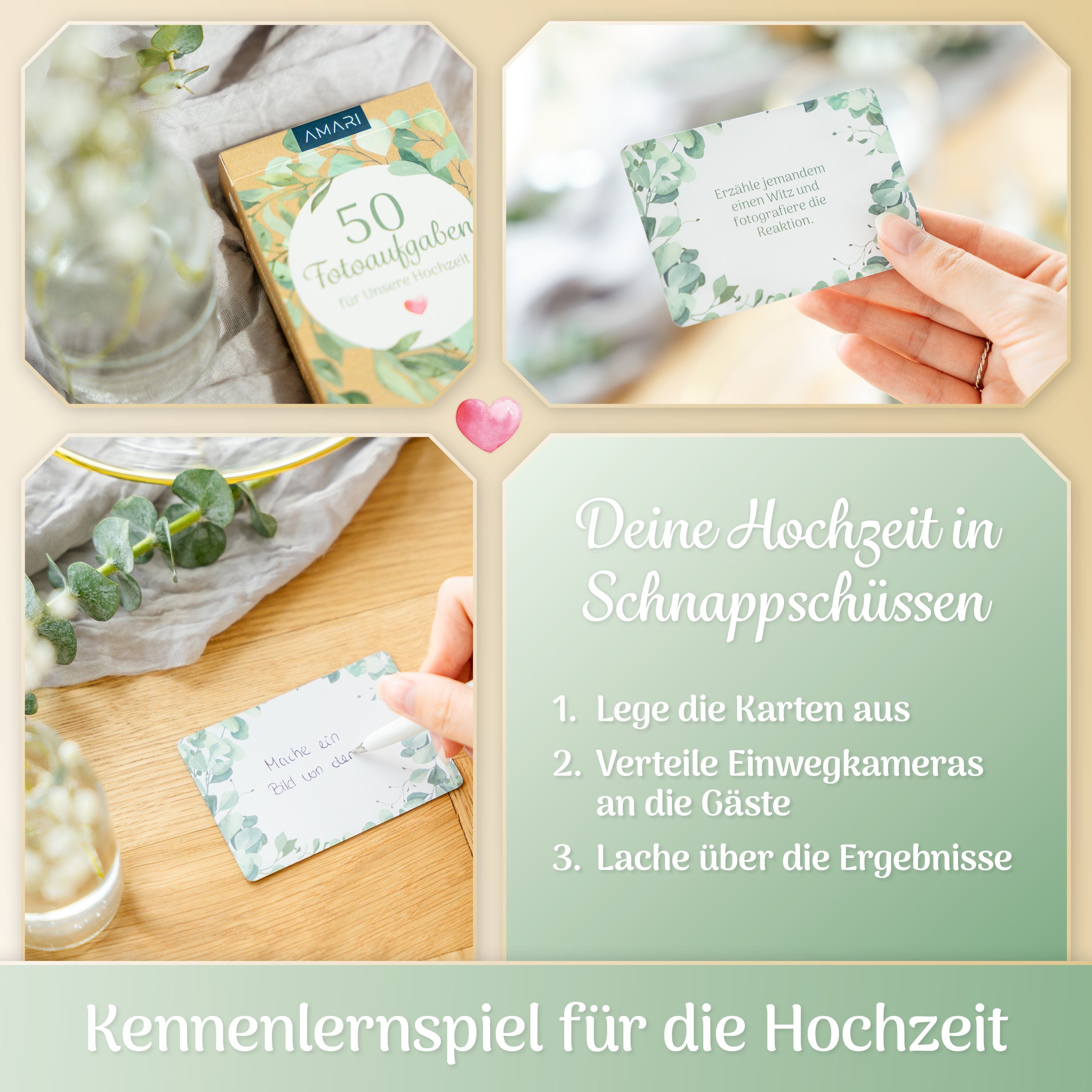 Amari Hochzeitskarte Fotospiel Hochzeit Kreative Fotoaufgaben für Hochzeitsgäste, Kennenlernspiel, Hochzeitsspiel, Fotoalbum