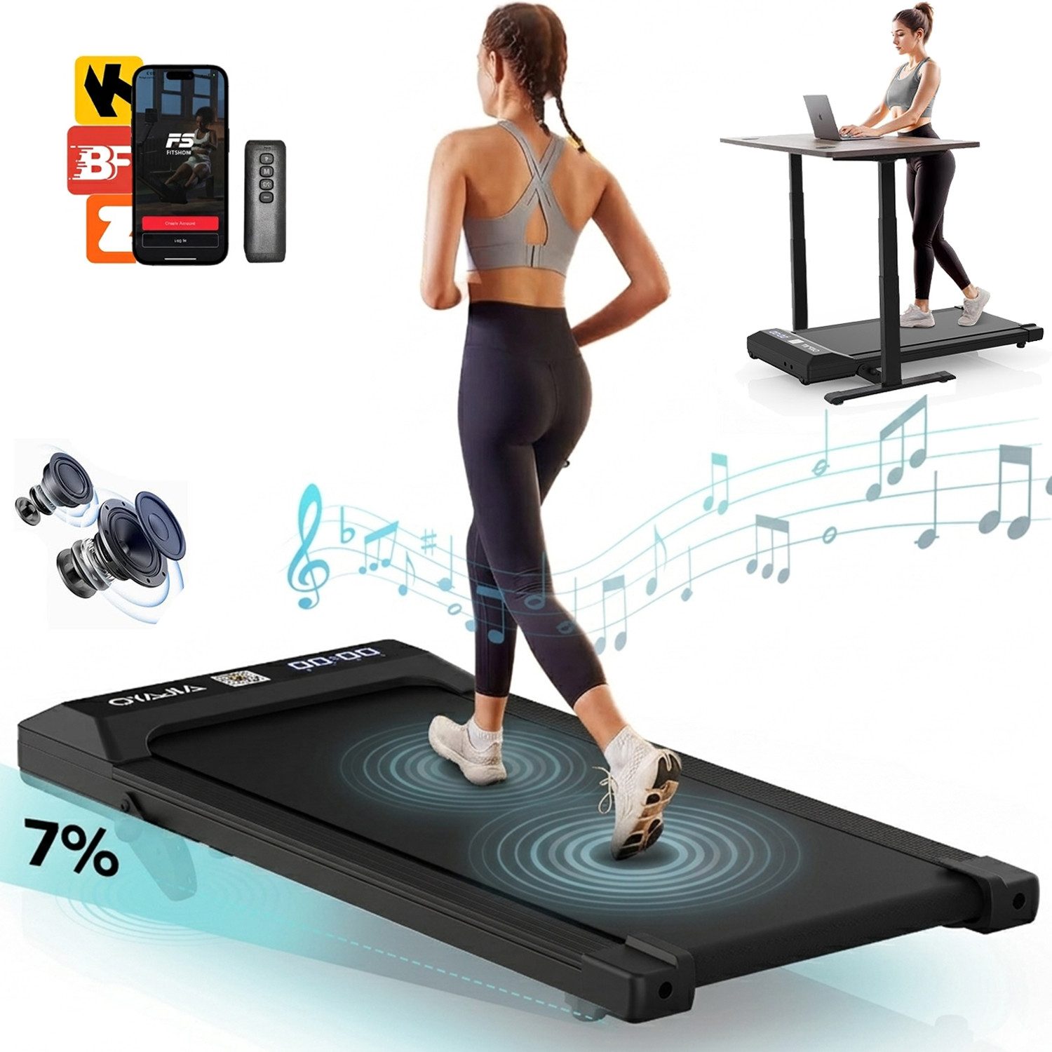 oyajia Laufband Walking Pad mit 7 % Steigung und 2,5 PS bürstenlosem Motor (1–6 km/h mit 100 × 39 cm Lauffläche für aktives Walking zuhause, 5-lagige Dämpfung und leiser Betrieb unter 45 dB bis 120 kg), Klappbarer Handlauf, Fernbedienung und App für flexibles Training