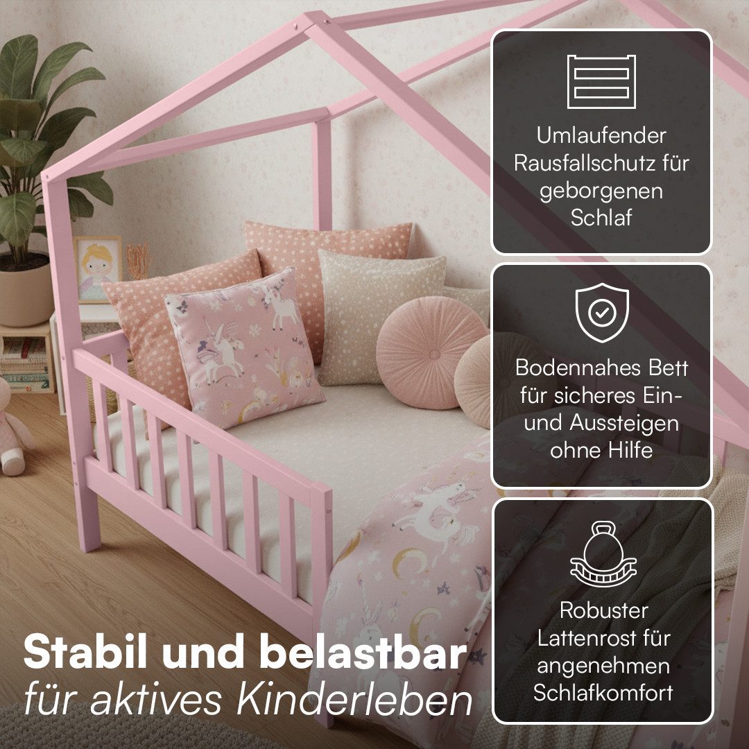 Bellabino Kinderbett Bia mit Rausfallschutz & Lattenrost (rosa, optional mit Matratze), Kinderbett aus Kiefernholz, verfügbar in 80x160/90/120/140x200 cm