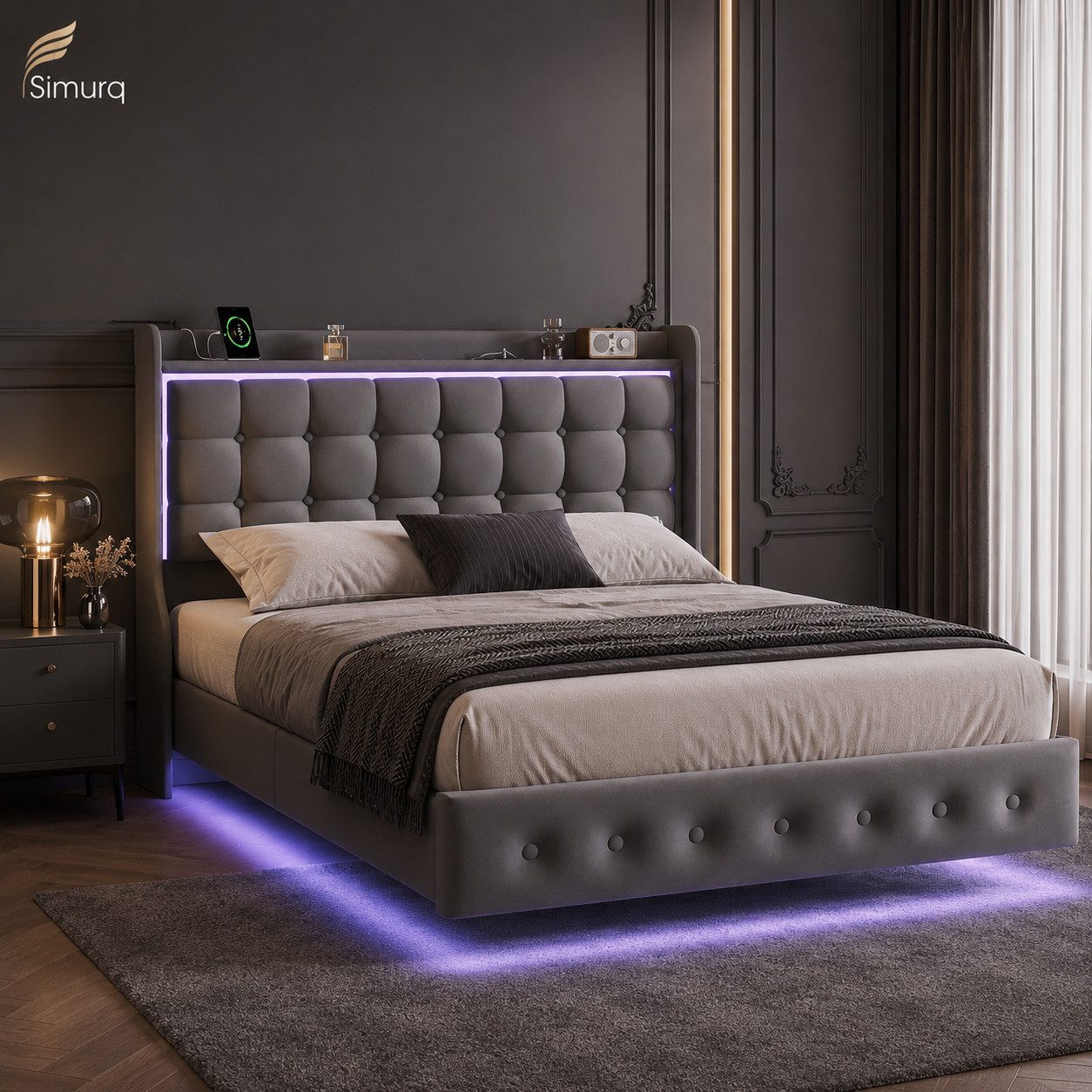Simurq Polsterbett 140x200 mit Bettkasten LED USB Stauraum Kopfteil (Bettgestell mit Lattenrost, Bettgestell mit Lattenrost, ohne Matratze, 2 Pakete), Schwebendes Design mit 23,5 cm Bodenfreiheit