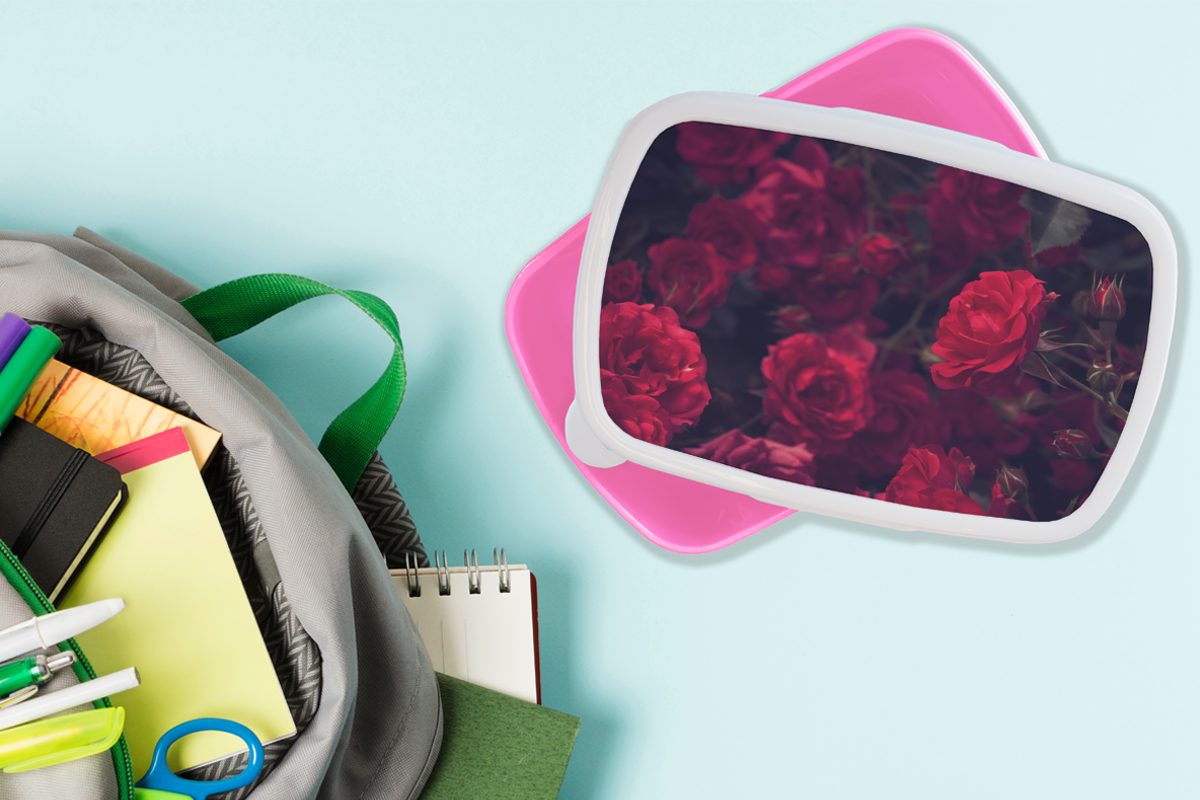Brotdose Kunststoff, Rot Mädchen, Lunchbox MuchoWow Schwarz, - Brotbox Kinder, Rosen (2-tlg), Erwachsene, Kunststoff - für rosa Snackbox,