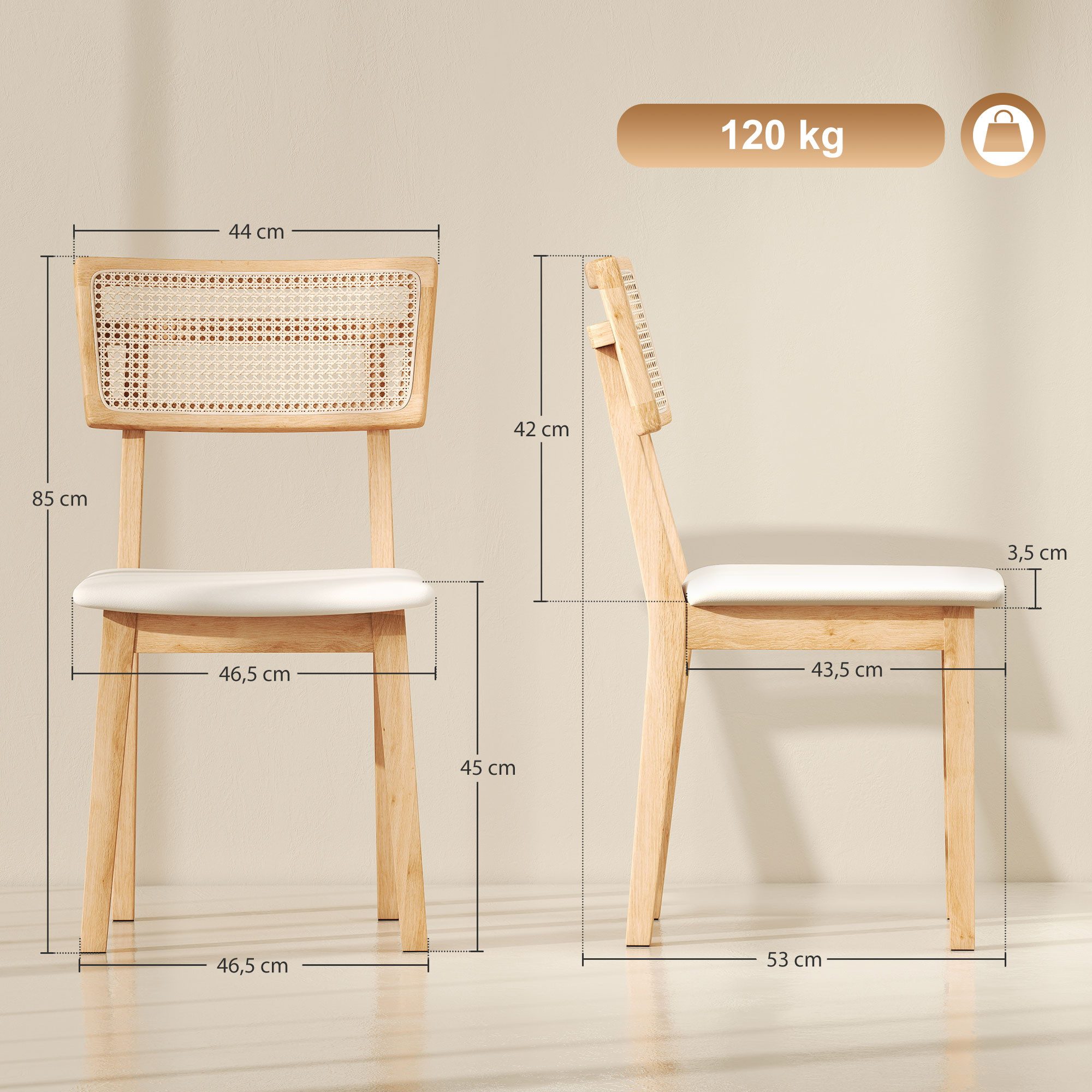 HOMCOM Esszimmerstuhl Küchenstuhl mit Rattan-Rückenlehne, Polsterstuhl mit Kissen, Holzbeine (Stuhl, 1 St), für Esstisch, Kunstleder, Natur