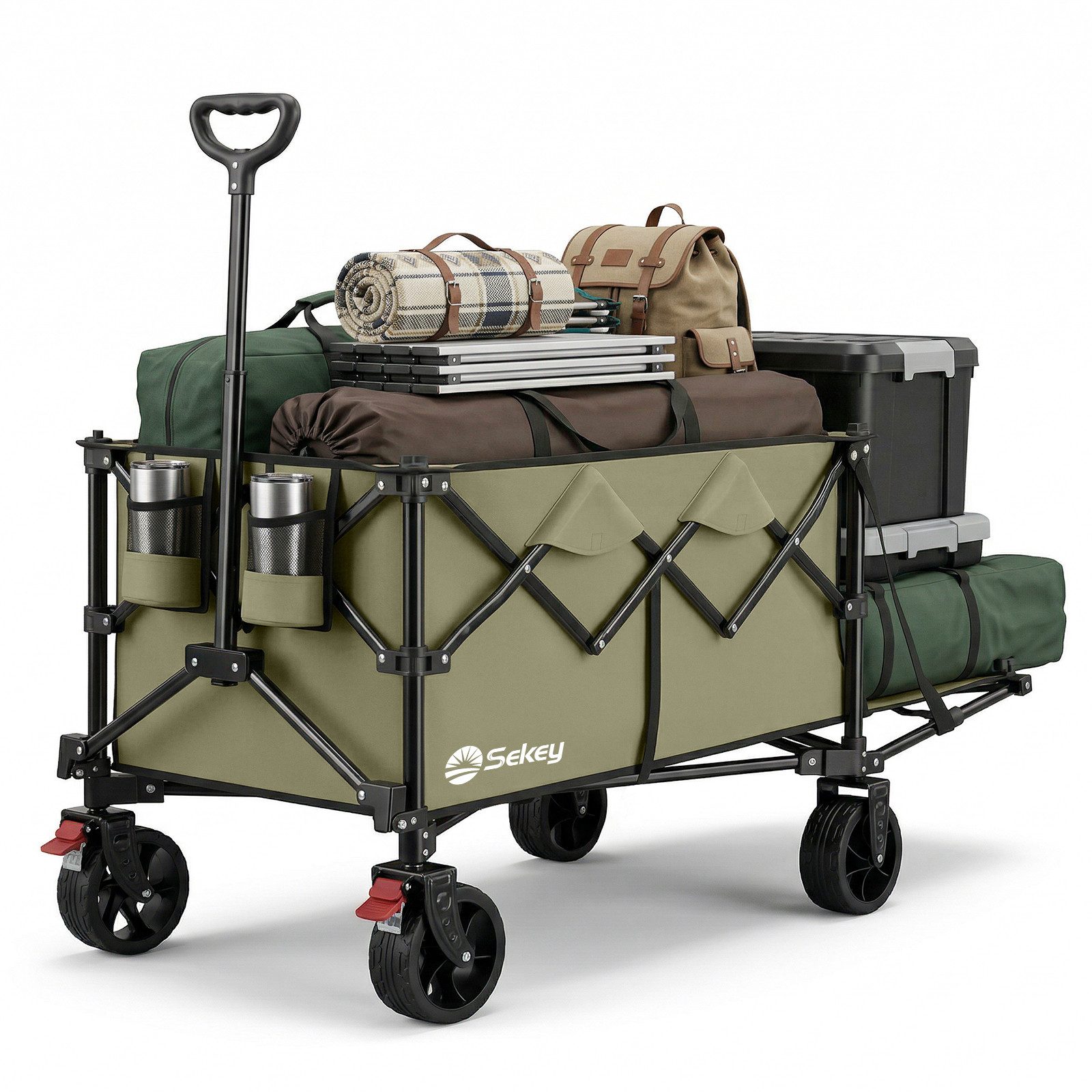 Sekey Bollerwagen 150 KG Faltbarer Bollerwagen Faltbar Handwagen verlängerbar auf 129 cm, 160L bis 240L dank erweiterbarer Heckklappe / Hintertür für Hund