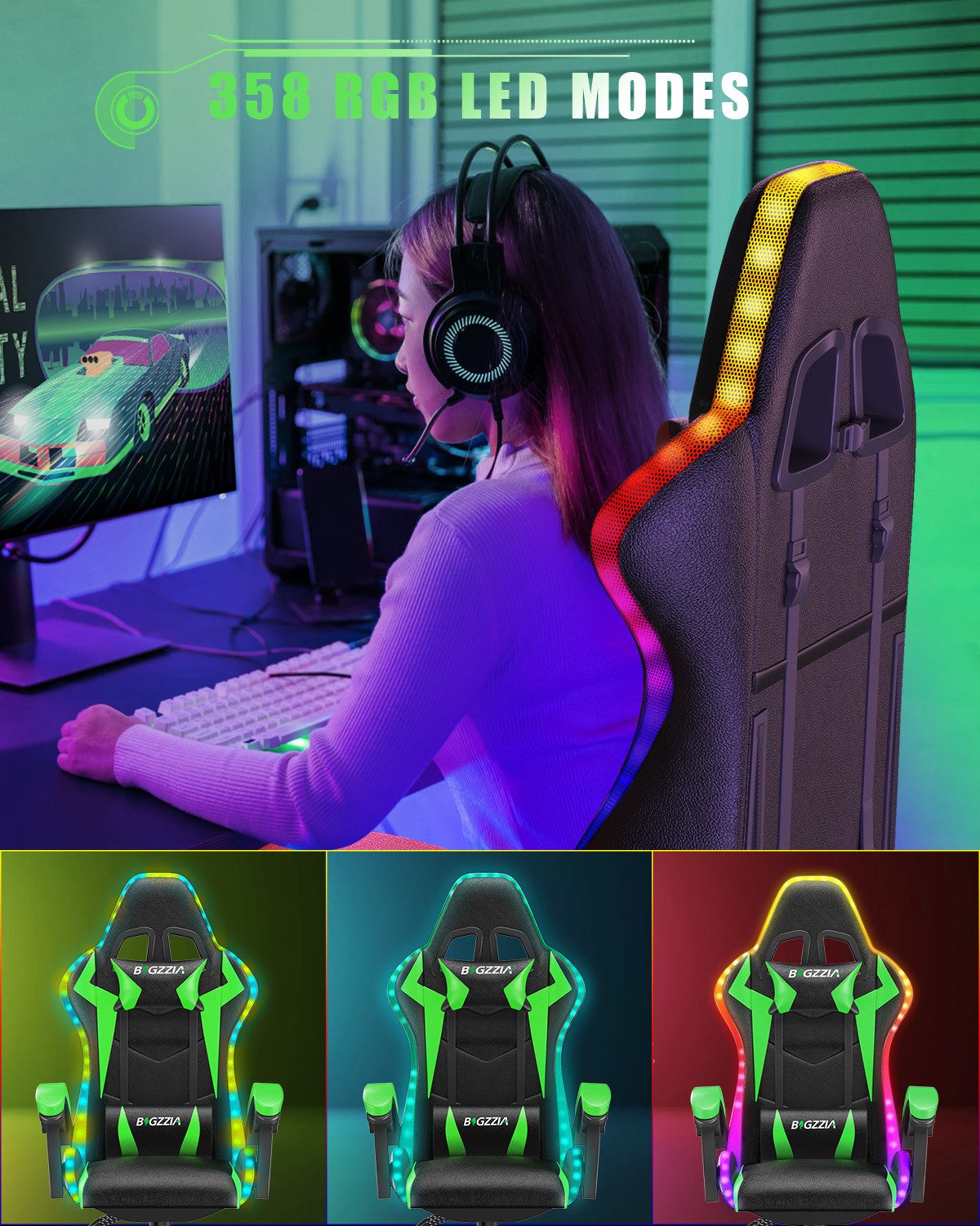 Gywowken Gaming-Stuhl mit LED - Gaming Chair Ergonomisch - 90-155° Rückenlehne
