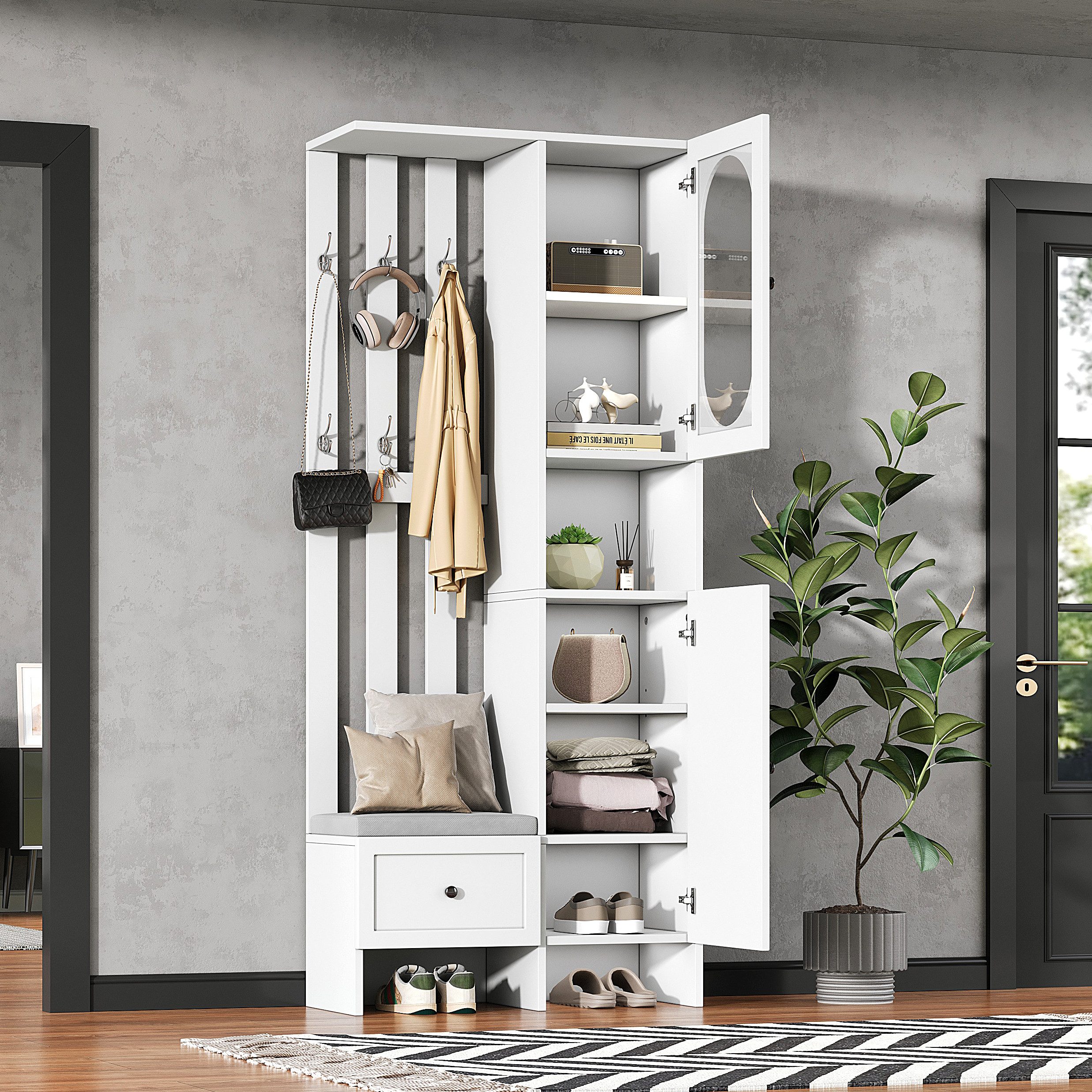 KLAM HOME Garderoben-Set 85*33.5*200cm Kompaktgarderoben,Startseite Möbel Mit 2 Schränken, (Aufbewahrungsschrank aus gehärtetem Glas, Weißer Eingangsschrank), Garderobenständer mit Schuhbank und Polster