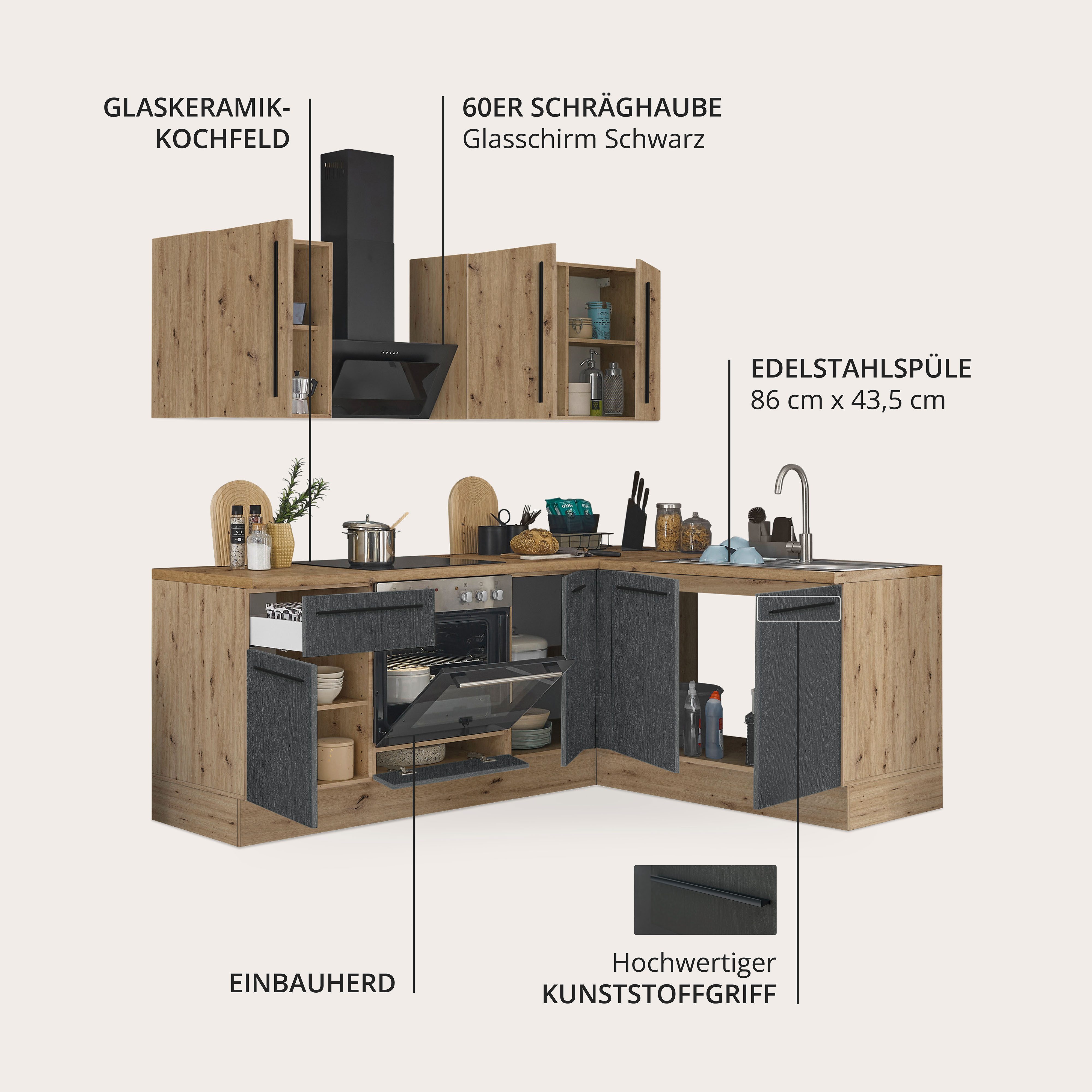 KOCHSTATION Winkelküche Florida, Stellbreite 210x165 cm, wahlweise mit E-Geräten, mit Softclose für Türen und Schubkästen