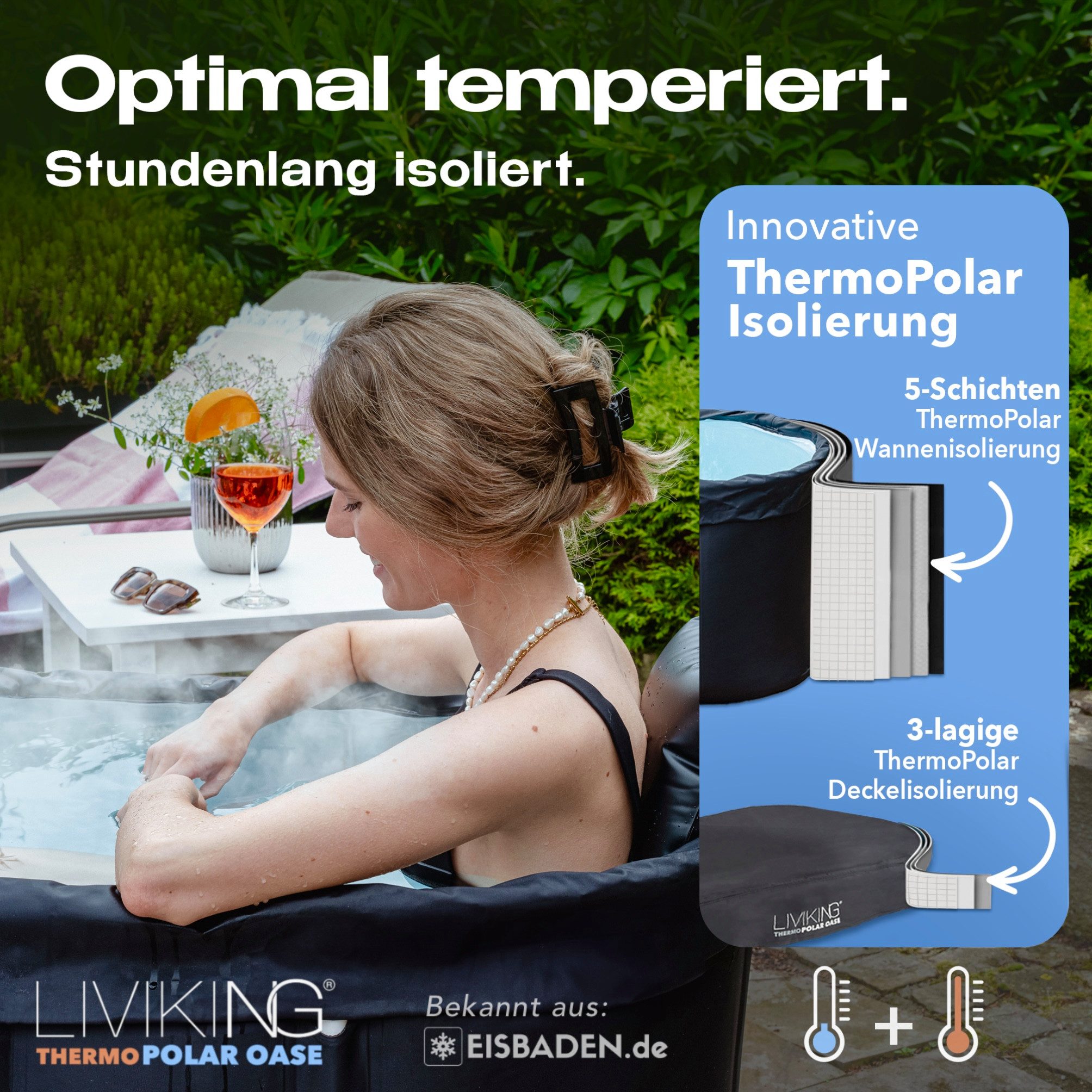 LIVIKING® Badewanne faltbar & Eisbad - 120cm KOMFORT - mobile Outdoor Badewanne Erwachsene, (KOMPLETTSET ThermoPolar Oase - ovale Sport Eistonne), ThermoPolar Isolierung, SolidShape Rahmen, Balkon Mini Pool Eisfass