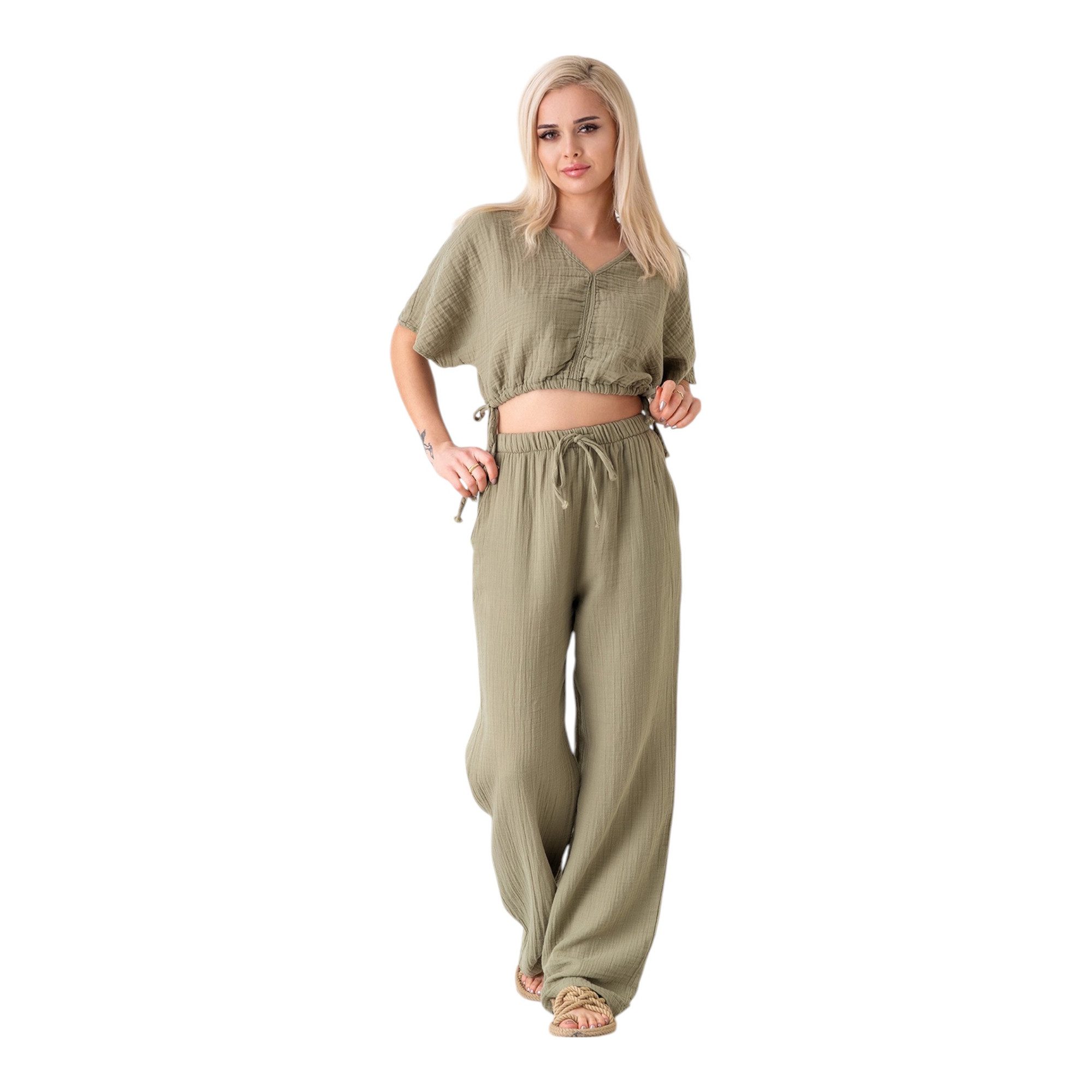 WENOR Palazzohose Damen Musselin-Hose - Sommerhose 100 % Baumwolle, elastischer Bund Weiter Beinverlauf, Musselinstruktur, luftiger Schnitt
