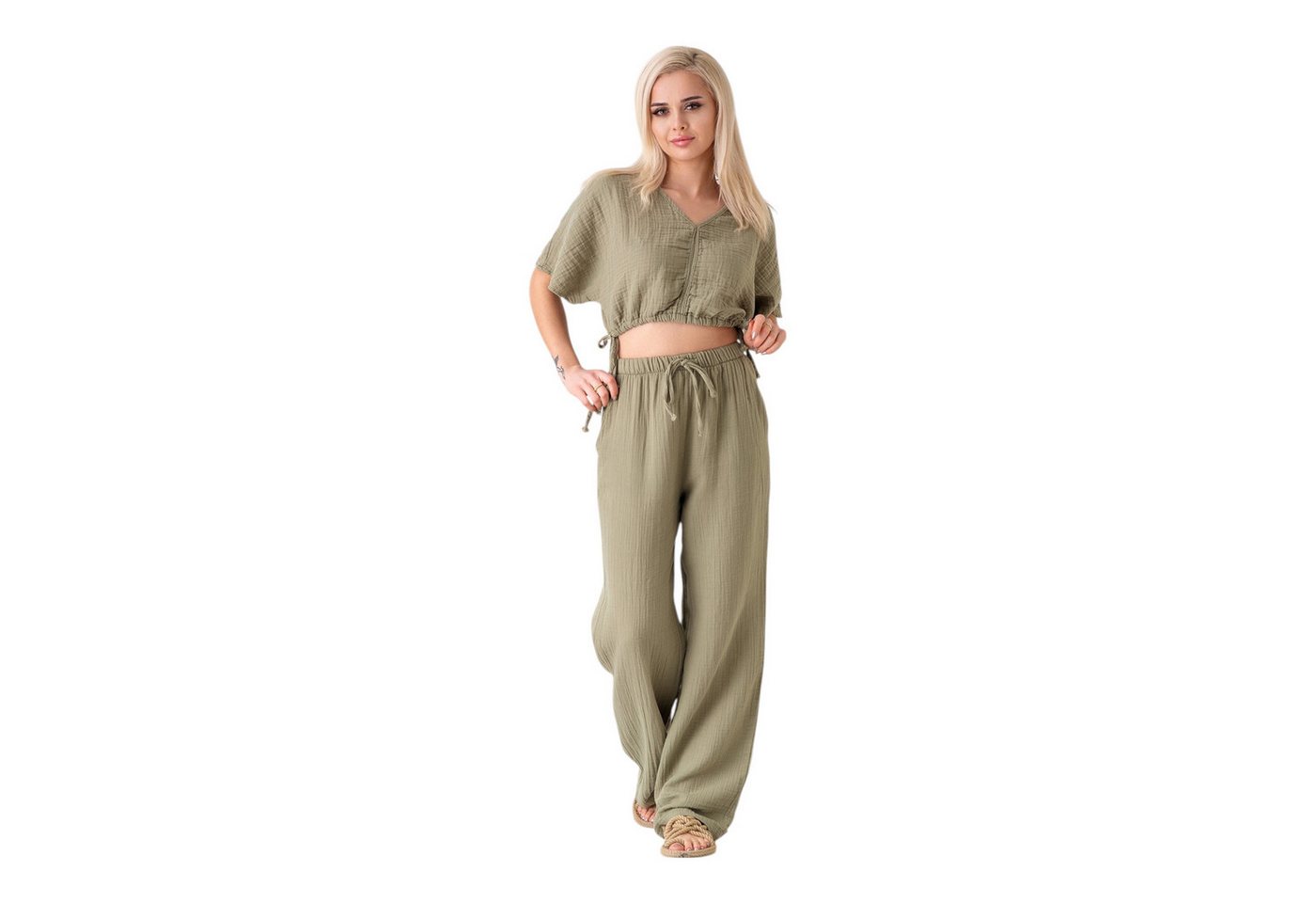 WENOR Palazzohose Damen Musselin-Hose - Sommerhose 100 % Baumwolle, elastischer Bund Weiter Beinverlauf, Musselinstruktur, luftiger Schnitt