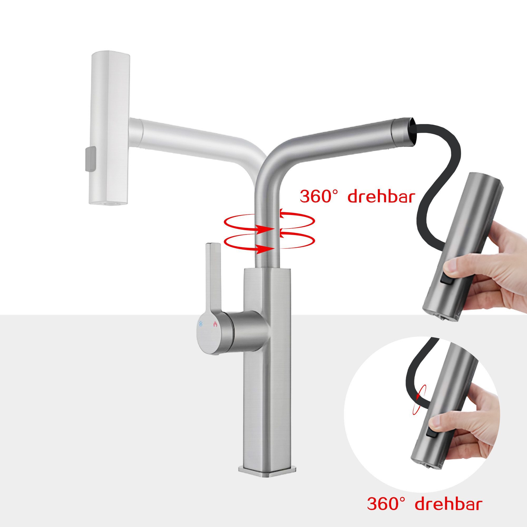 SEHAUSEU Küchenarmatur Wasserhahn Küche Bad Spültischarmatur ausziehbar 3 Strahlarten Hochdruckarmatur – Bild 4 von 5