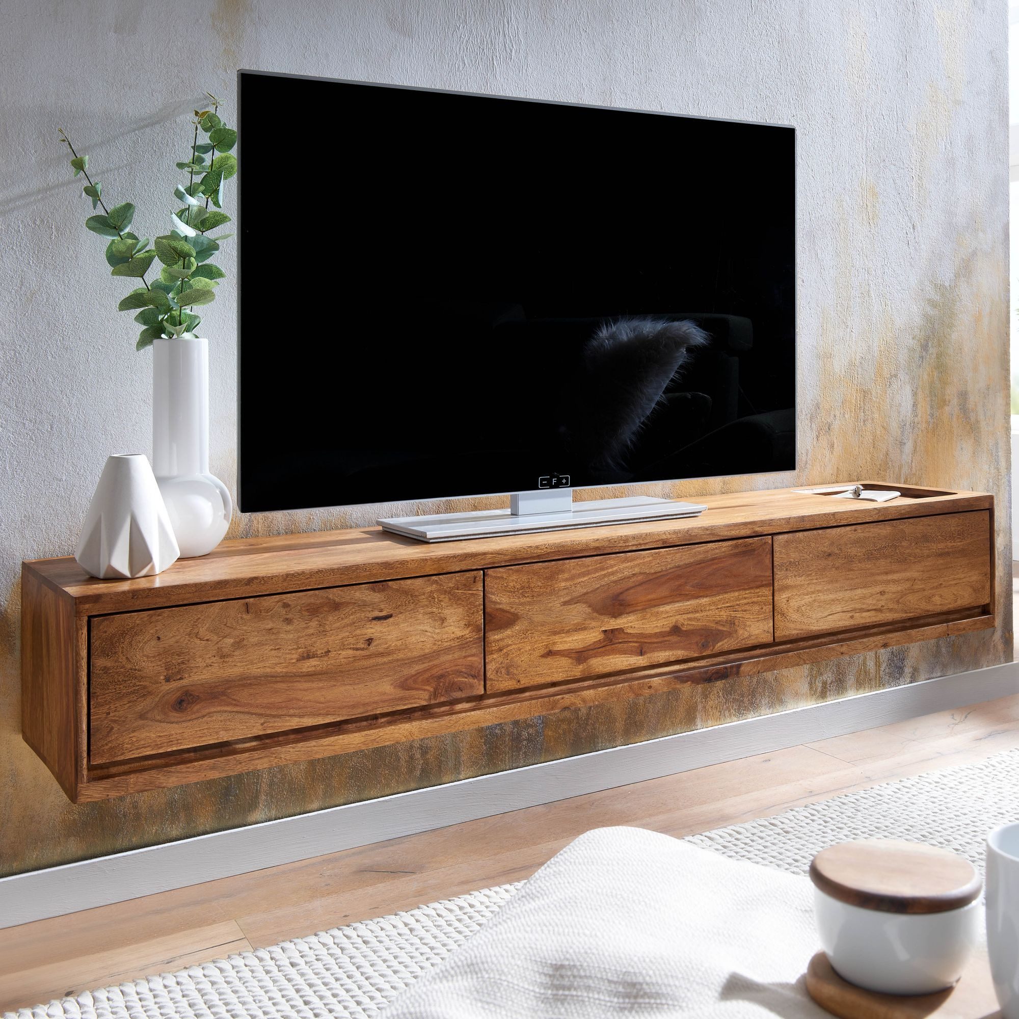 furnicato Lowboard TV-Unterschrank Massivholz Walnuss Finish 160x25x35 cm Braun (1 St), 3 Schubladen inklusive Ablage-Lowboard für dein Wohnzimmer