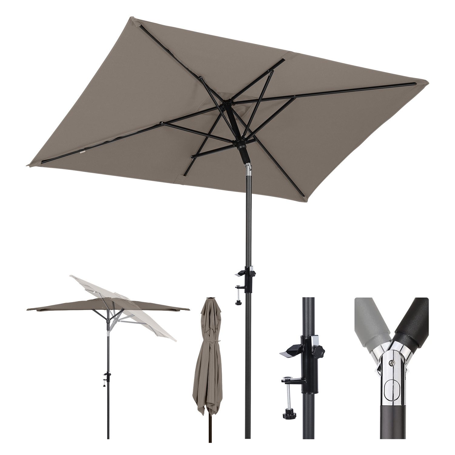 Sekey Balkonschirm 200 x 125 cm Rechteckiger Sonnenschirm mit Schnellöffnungs-Knopf UV50+, LxB: 200,00x125,00 cm, mit/ohne Balkongeländer, Windfest, Kippbar, für Balkon