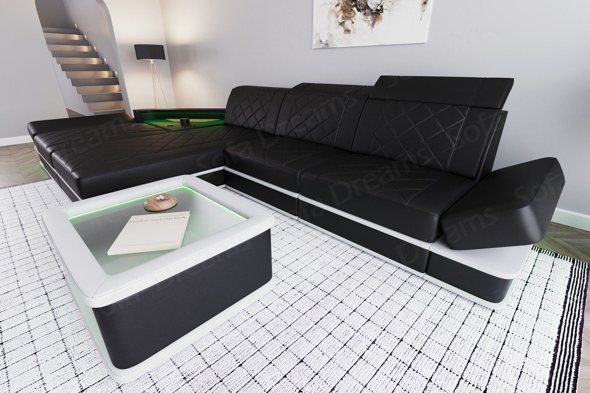 Sofa Designer Ledersofa, Perugia Couch Leder Dreams Ledercouch Sofa Ecksofa L LED-Beleuchtung mit Form