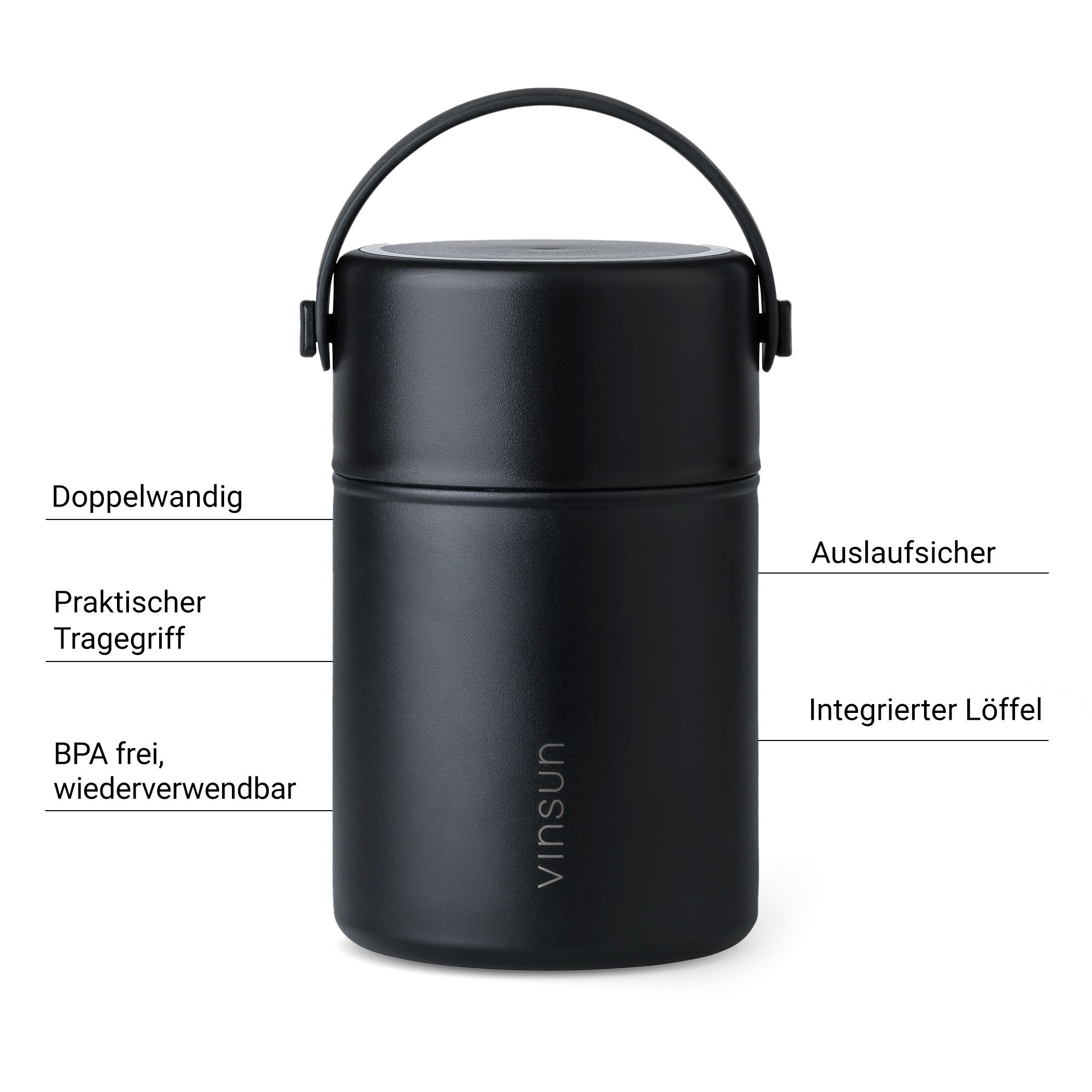Vinsun Lunchbox Thermobehälter für Essen 800ml inkl. Löffel, doppelwandig isoliert, Edelstahl, BPA frei, auslaufsicher, bruchfest, für warme und kalte Speisen