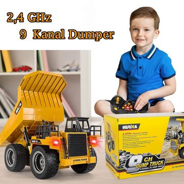 Esun RC-Truck Rc LKW, Ferngesteuerter LKW,Baustellenfahrzeuge Kinder ab 8 9 10 11 12 (Geschenkbox-Paket), 1:18 mit 2,4 GHz, 6 Kanal Dumper, LED Funktionen Kipplaster Spielzeug