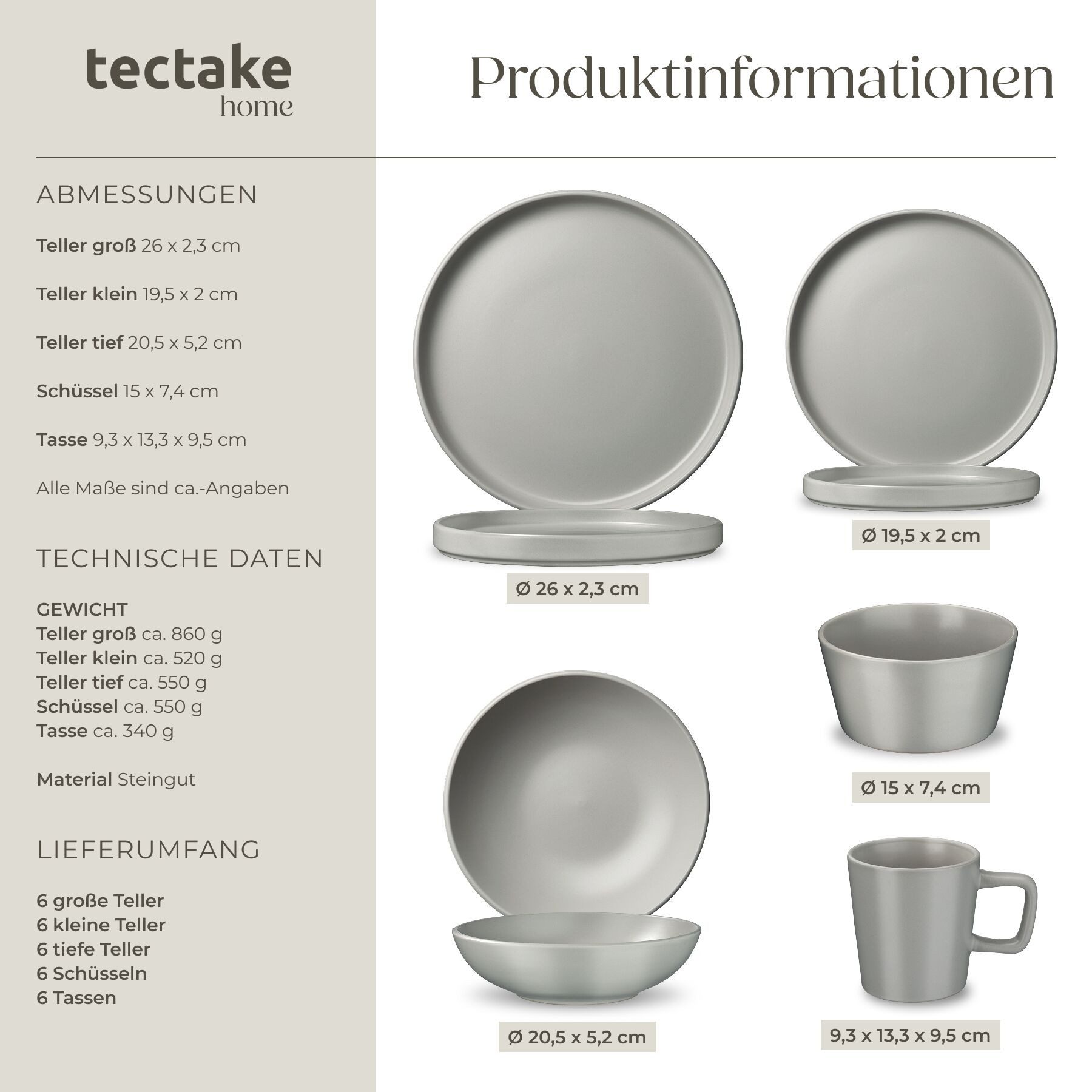 tectake Kochbesteck-Set Küchen Grundausstattung mit Steingut-Geschirr und Alu-Kochgeschirr (Una/Varese - für Induktionsherde geeignet, 45-tlg., in Grau/schwarz) – Bild 5 von 5