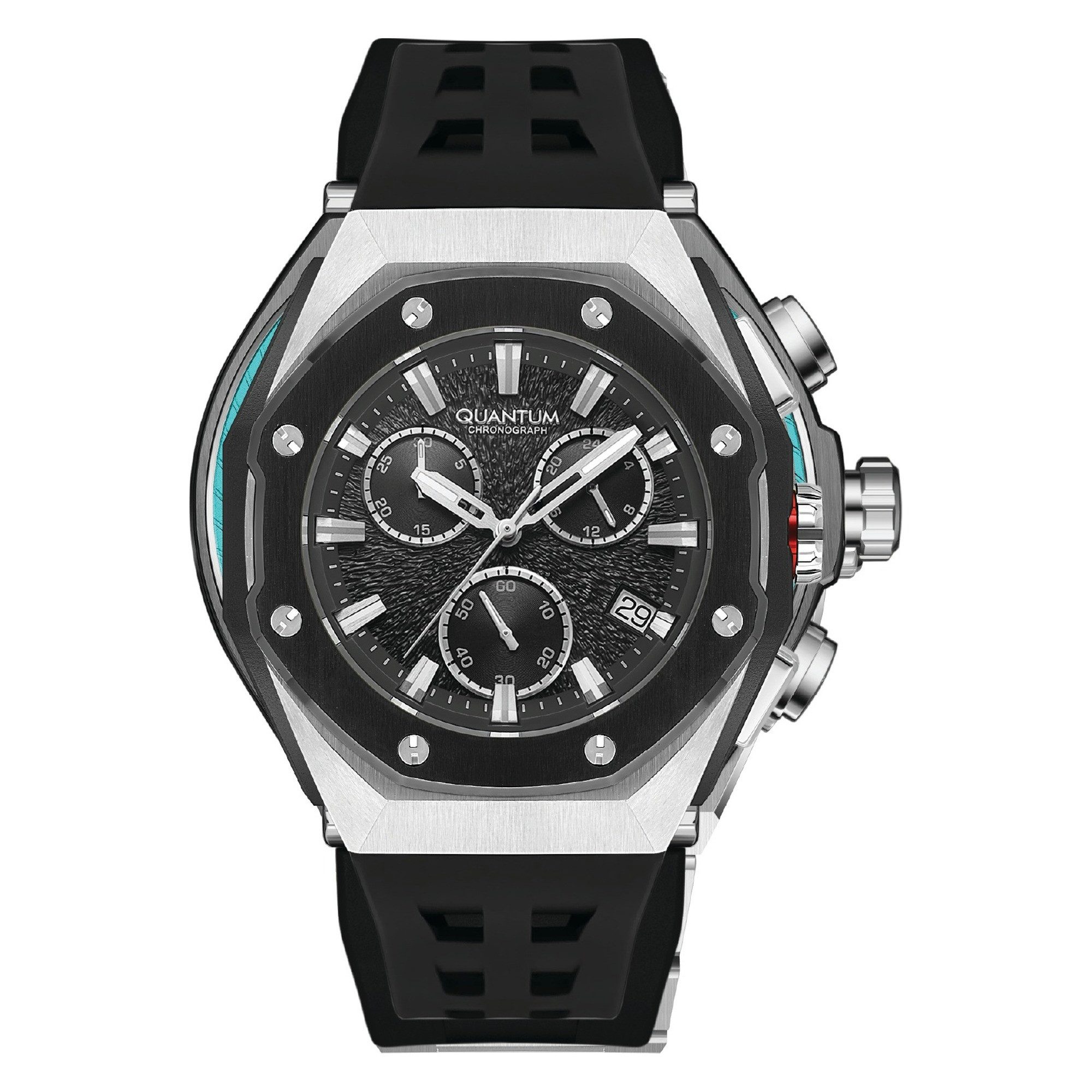 QUANTUM Chronograph Herrenuhr Silikonarmband, 52 mm, Herren Armbanduhr, 10 ATM wasserdicht schwarzes Zifferblatt, silber-schwarz – HNG1170.351, (1-tlg), Datum, Kristallglas, inkl. Geschenkbox