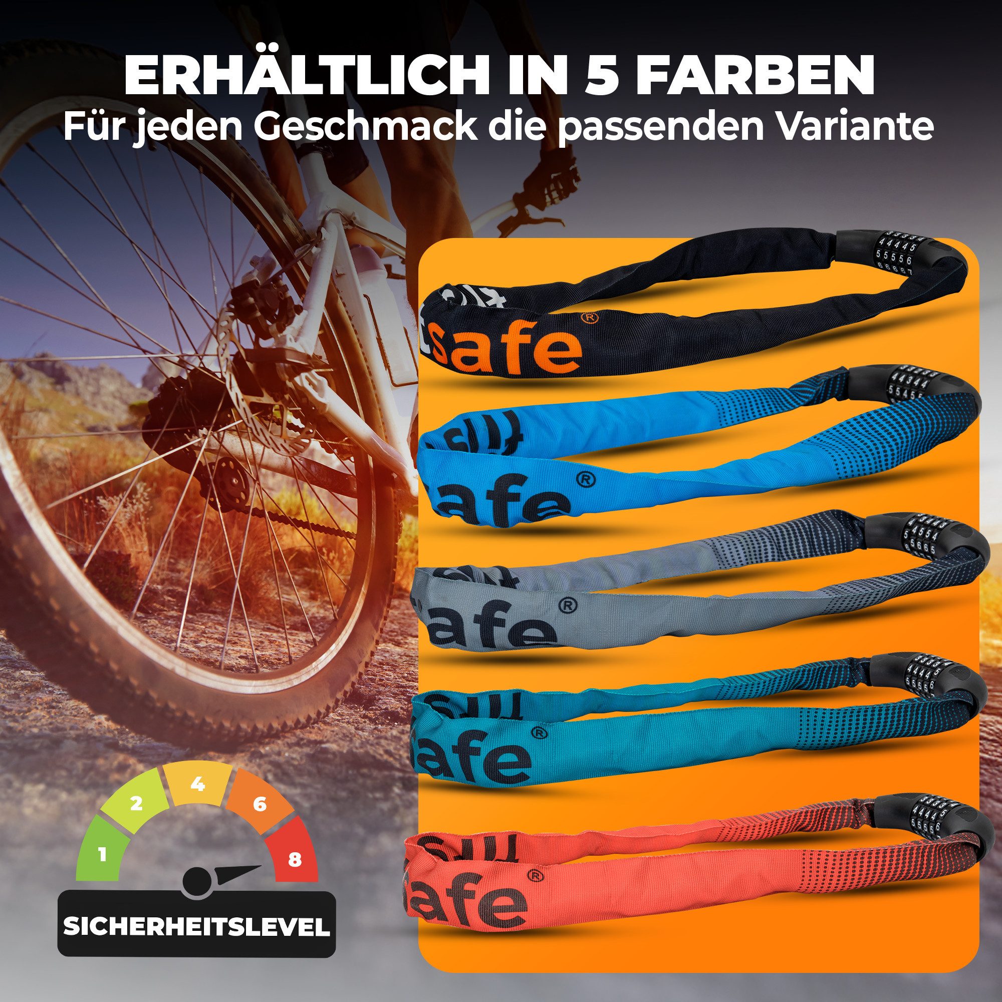 firstsafe Kettenschloss Fahrradschloss mit Zahlencode 100 cm