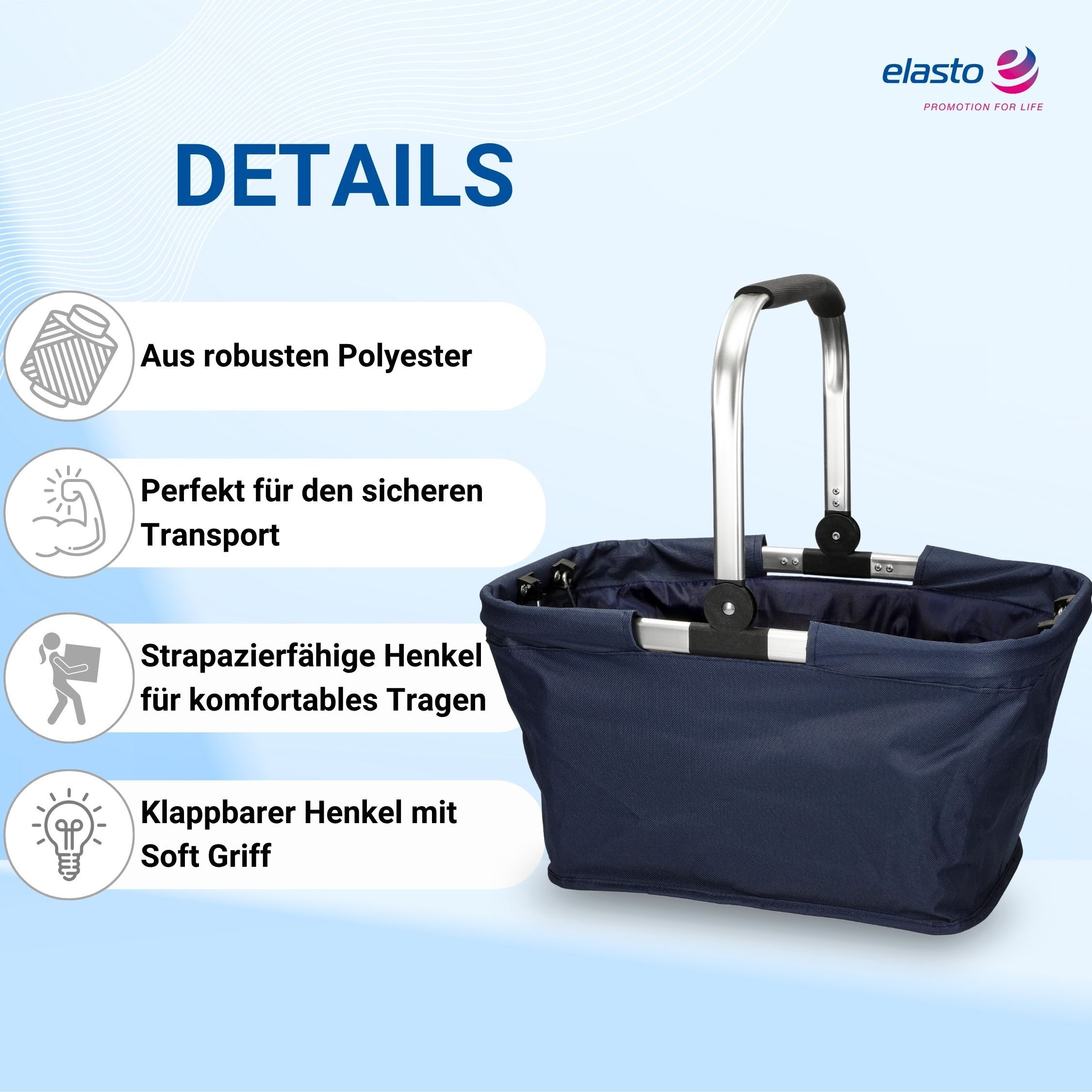elasto Tragetasche Einkaufskorb mit Henkel ca. 30 L - faltbarer Korb mit Soft Griff