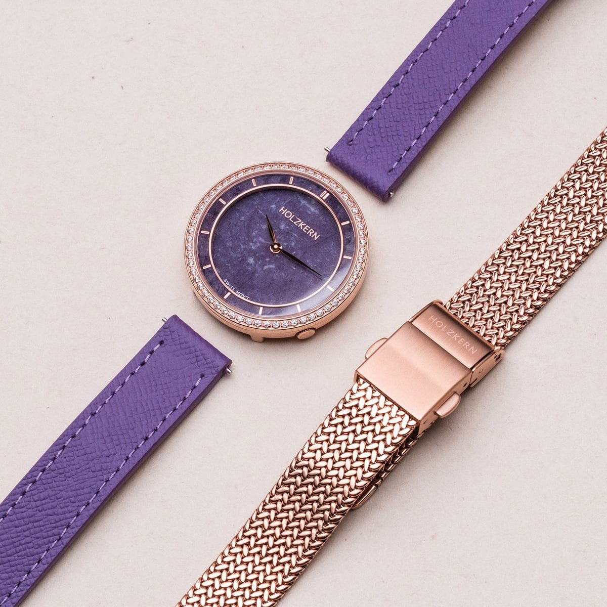 Holzkern Quarzuhr 9010631022310, Damenuhr Coralline Amethyst/Roségoldfarben mit 2 Bändern