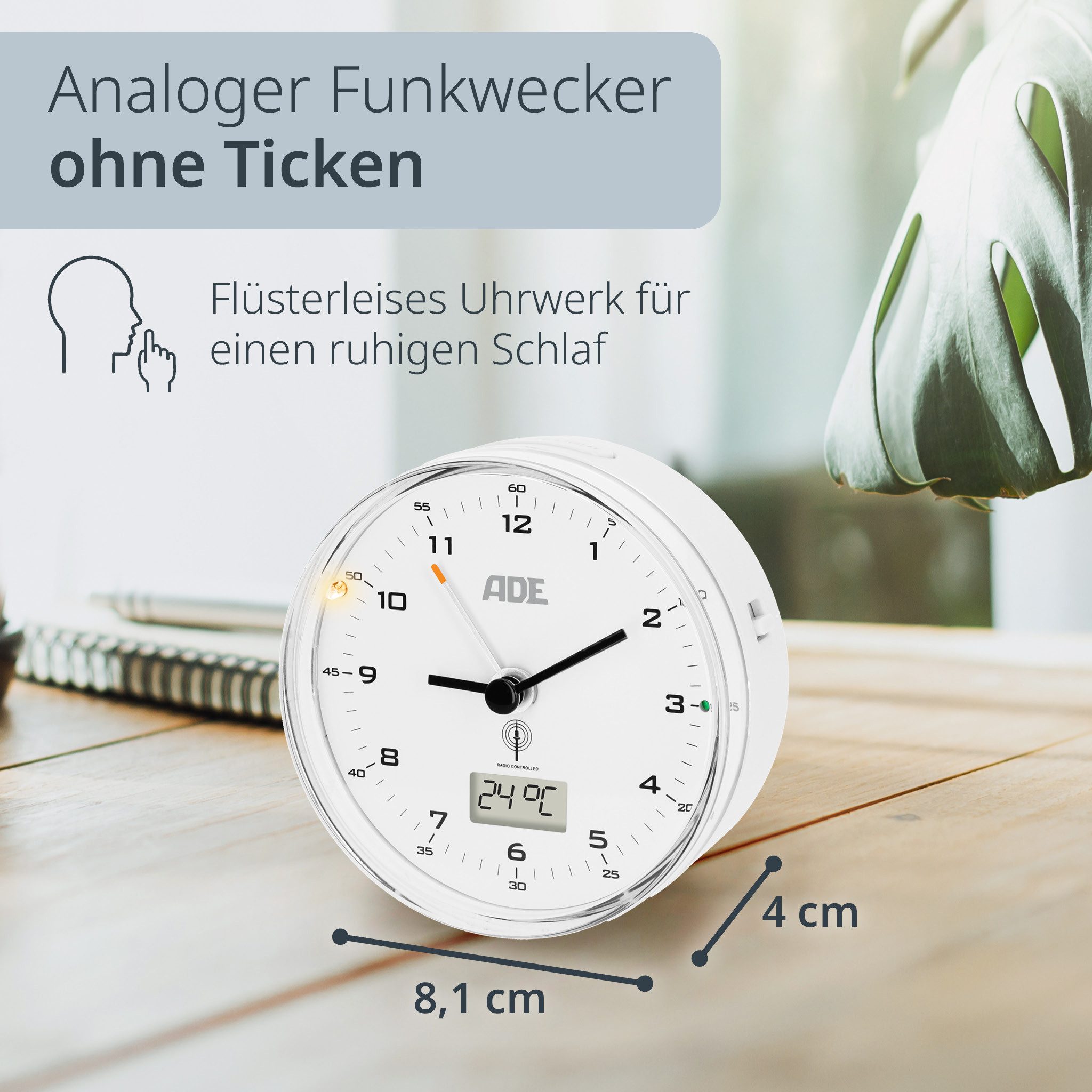 ADE Funkwecker Analoger Wecker mit Temperaturanzeige, ohne Ticken mit Beleu günstig online kaufen