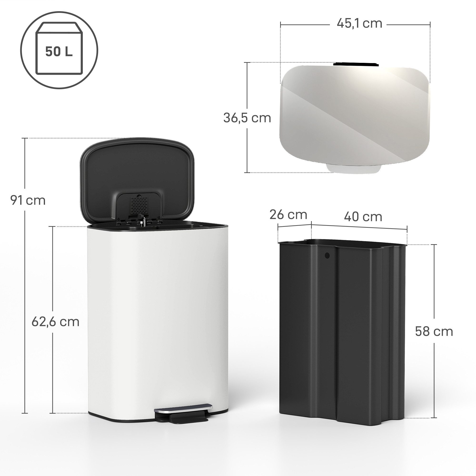 HOMCOM Mülltrennsystem Mülleimer Küche Treteimer mit Bleib-Offen-Funktion, 50L, Soft-Close-Deckel, Fingerabdruck-resistent