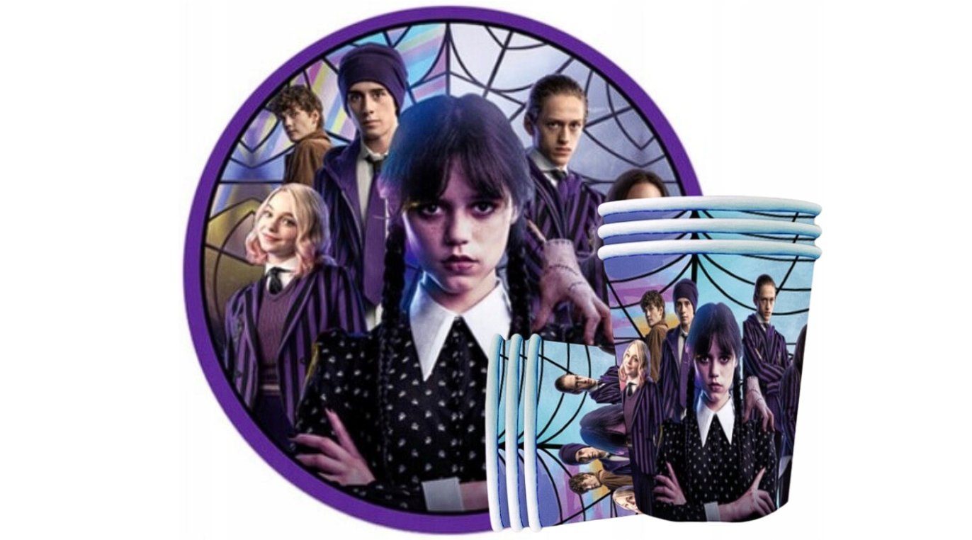 Festivalartikel Einweggeschirr-Set Geburtstagsset Wednesday Addams, 20-teilig, Becher Teller, papier