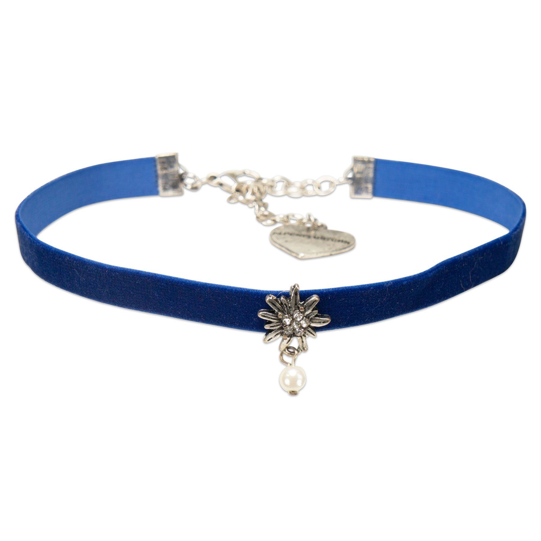 Alpenflüstern Choker Trachten-Samt-Kropfband Strass-Edelweiß Perle (blau), - nostalgische Trachtenkette enganliegend, Kropfkette elastisch, Damen