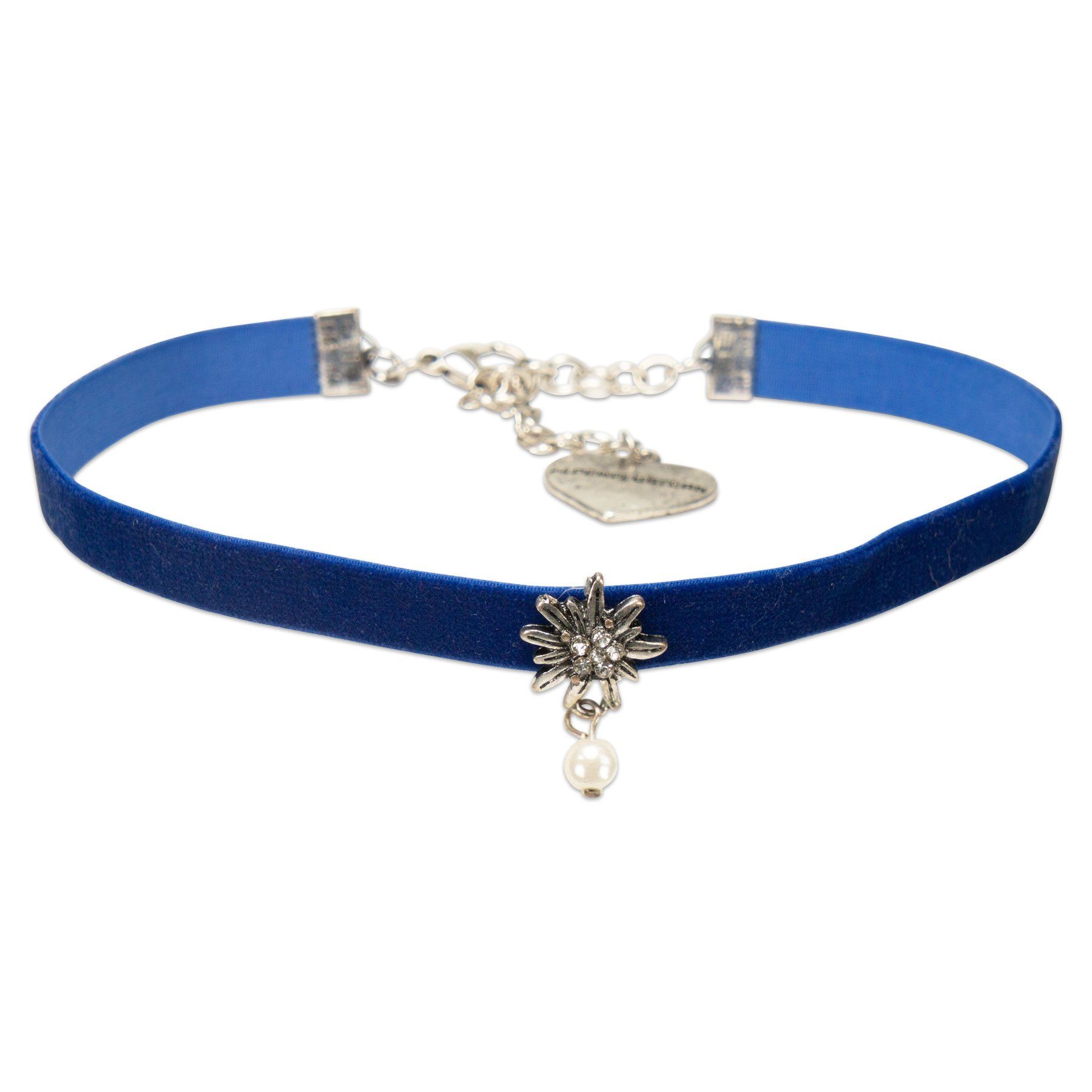 Alpenflüstern Choker Trachten-Samt-Kropfband Strass-Edelweiß Perle (blau), - nostalgische Trachtenkette enganliegend, Kropfkette elastisch, Damen-Trachtenschmuck, Samtkropfband schmal