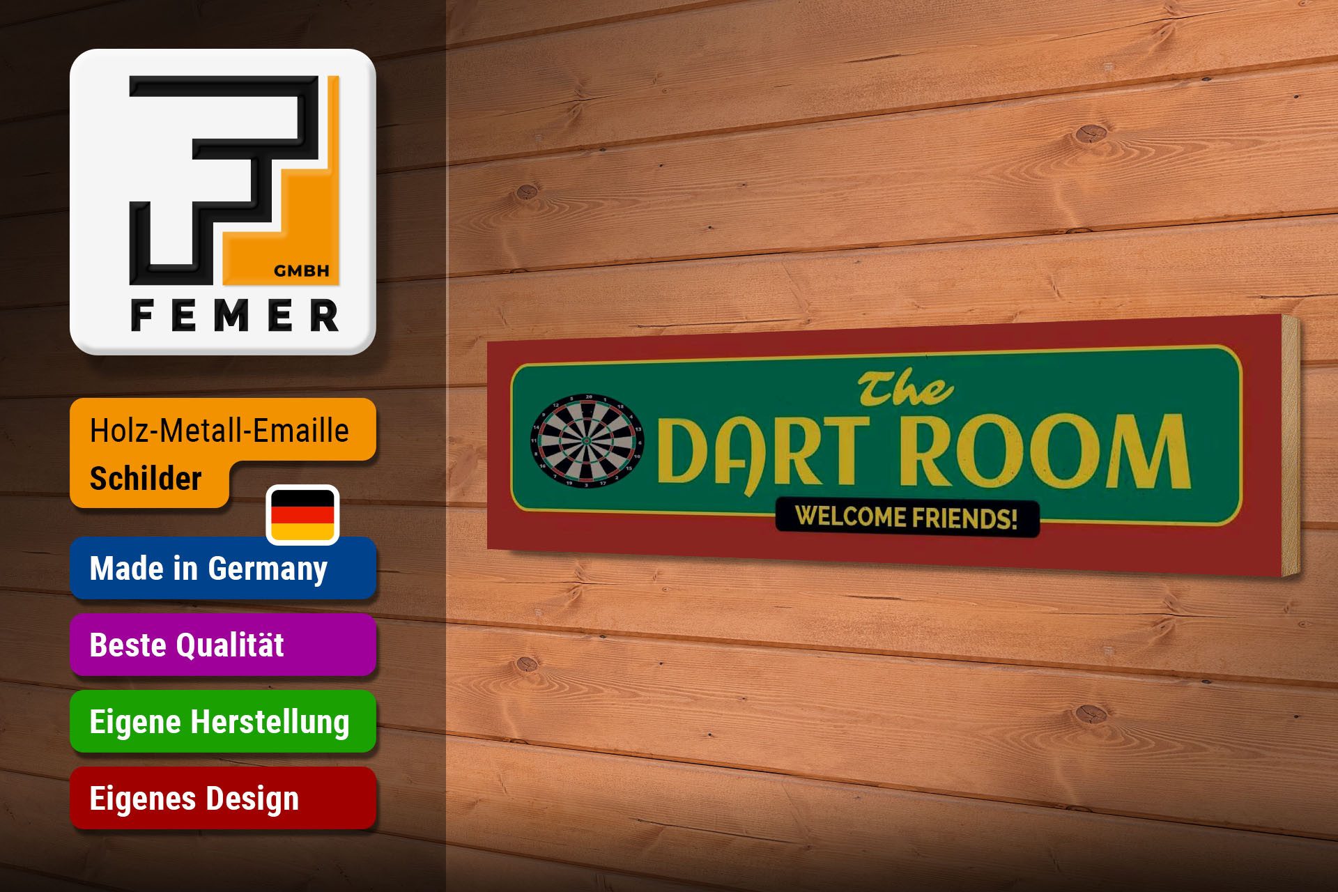 Femer GmbH Holzbild Hinweis 46x10 cm The Dart room, (1 St), Glatte Holzfaserplatte (MDF), vorn beschichtet
