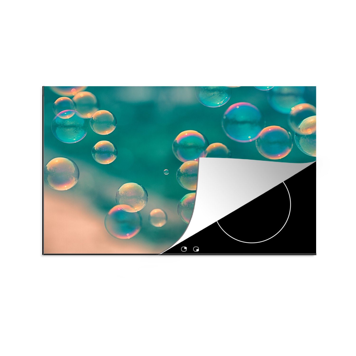 MuchoWow Herdblende-/Abdeckplatte Seifenblasen auf türkisem Hintergrund, Vinyl, (1 tlg), 81x52 cm, Induktionskochfeld Schutz für die küche, Ceranfeldabdeckung