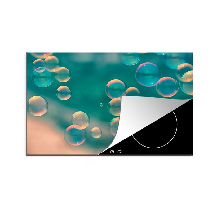 MuchoWow Herdblende-/Abdeckplatte Seifenblasen auf türkisem Hintergrund Vinyl (1 tlg) Ceranfeldabdeckung für die küche Induktionsmatte