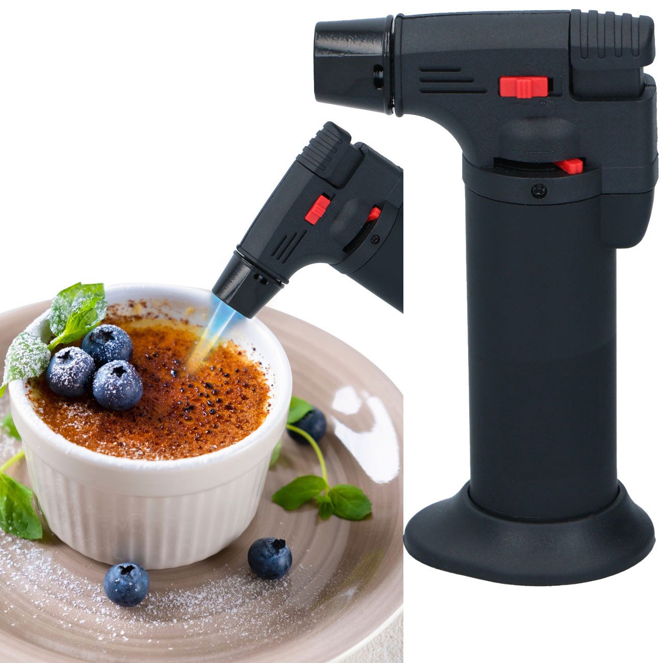 *Alpina* Flambierbrenner Crème Brûlée Brenner Nachfüllbarer Flambierbrenner mit Standfuß, (1-tlg., 1er-Set & 2er-Set), Gasbrenner mit Kindersicherung, Standfuß & regulierbarer Flamme