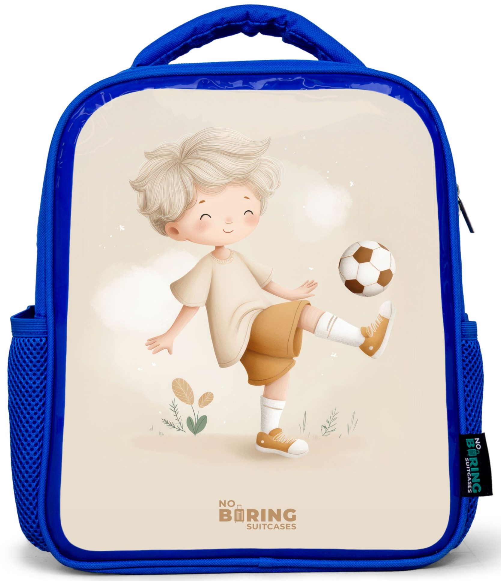 Rucksack Blau - Junge mit einem Fußball in beigen Farben