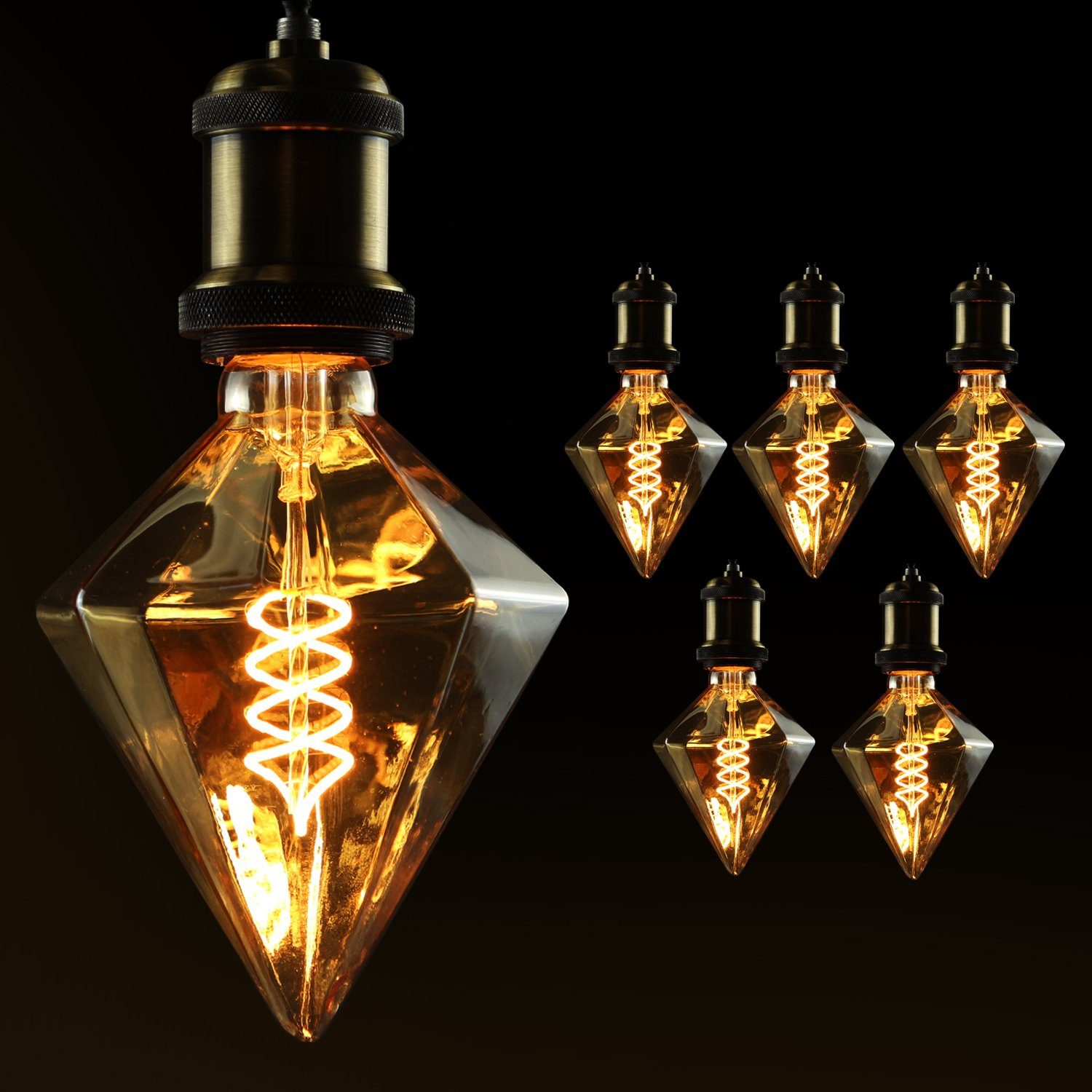 ZMH LED-Leuchtmittel LED Glühbirne E27 4W Vintage Deko Kreative Rative Warmweiß 2200K, E27, 6 St., Warmweiß, Filament Leuchtmittel Rautenförmige Beleuchtung für Weihnachten Diamanta-gold-C