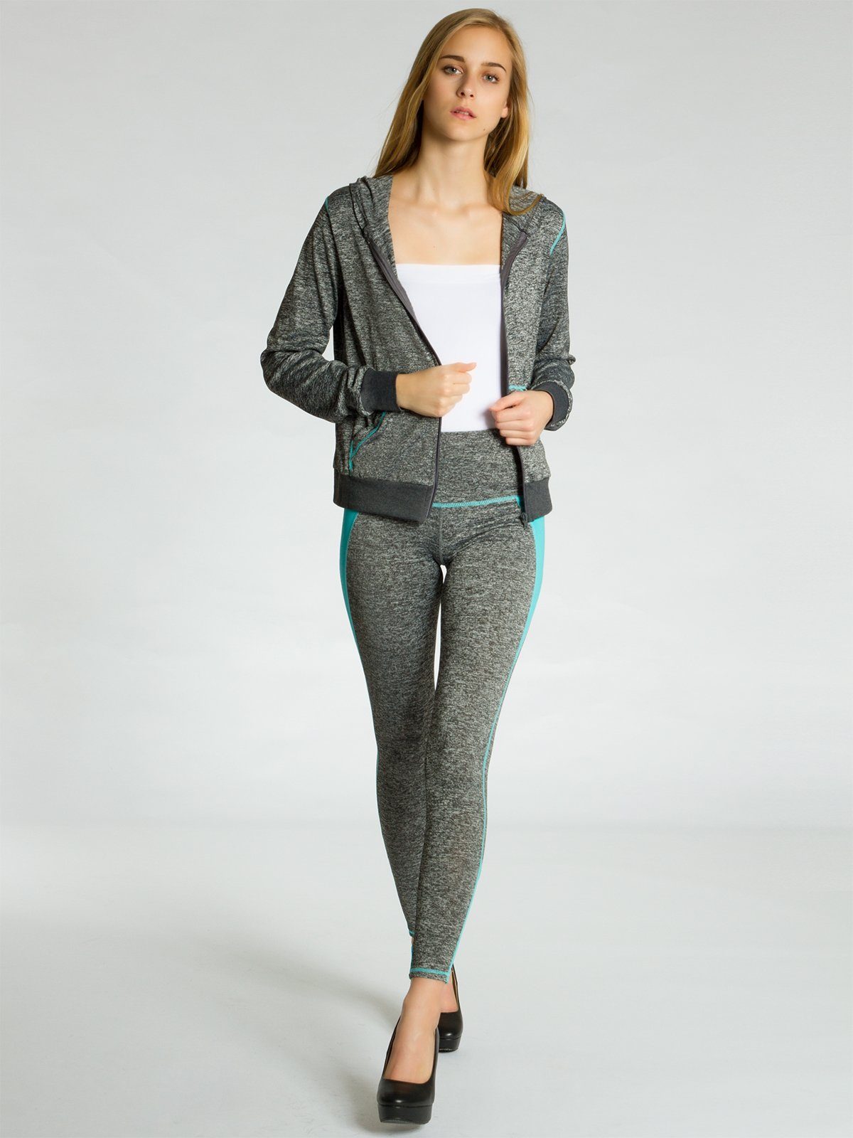 Caspar JG001 grau Damen Jogginganzug Trainingsanzug / stylischer mit Kapuze meliert türkis