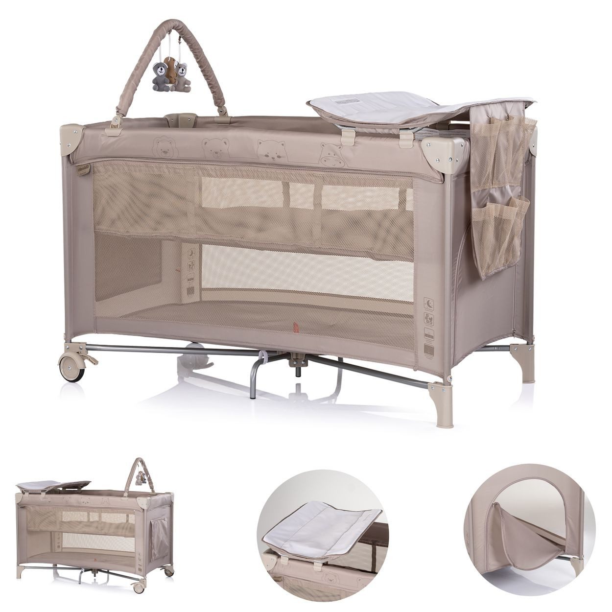 Chipolino Baby-Reisebett Reisebett Luna 2 Ebenen, Wickelauflage klappbar Spielbogen Faltmatratze