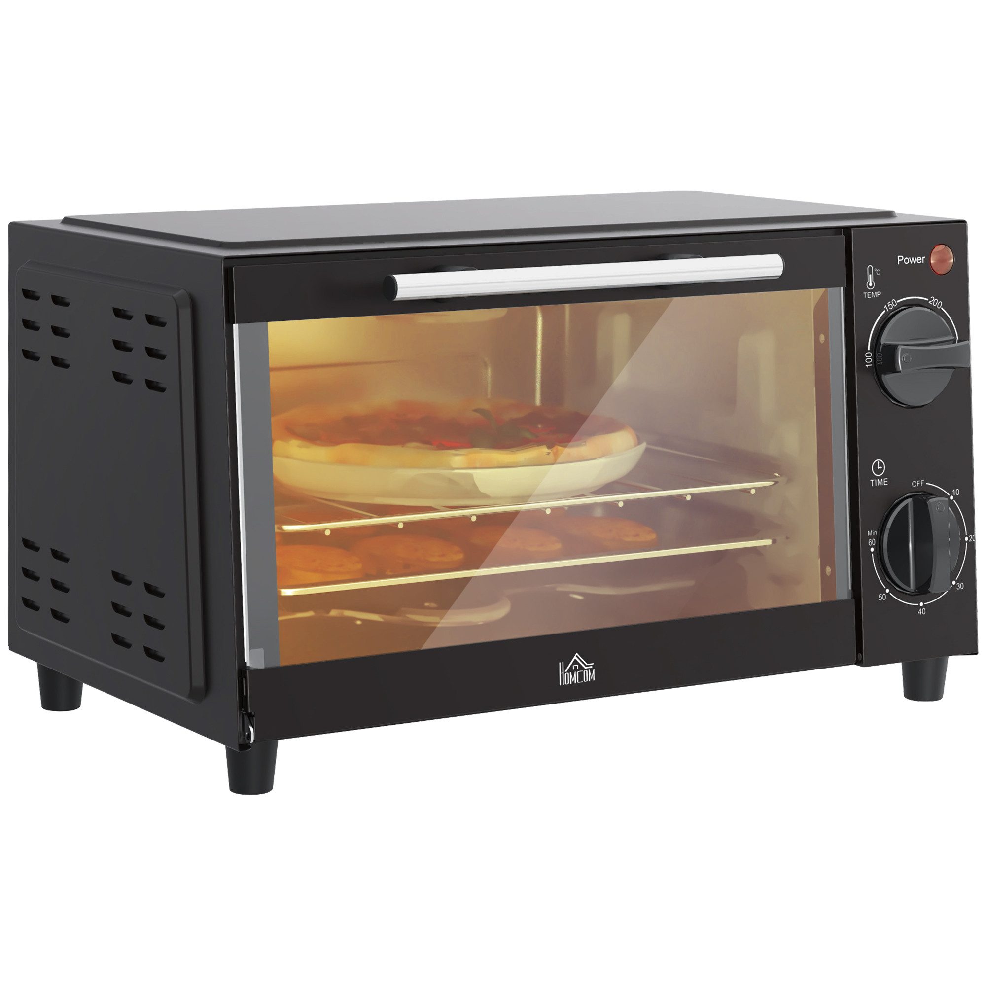 HOMCOM Minibackofen Backofen 10 L 750W 100-230℃ mit Backblech Pizza-Ofen, zum Grillen, Backen, Toasten, Schwarz