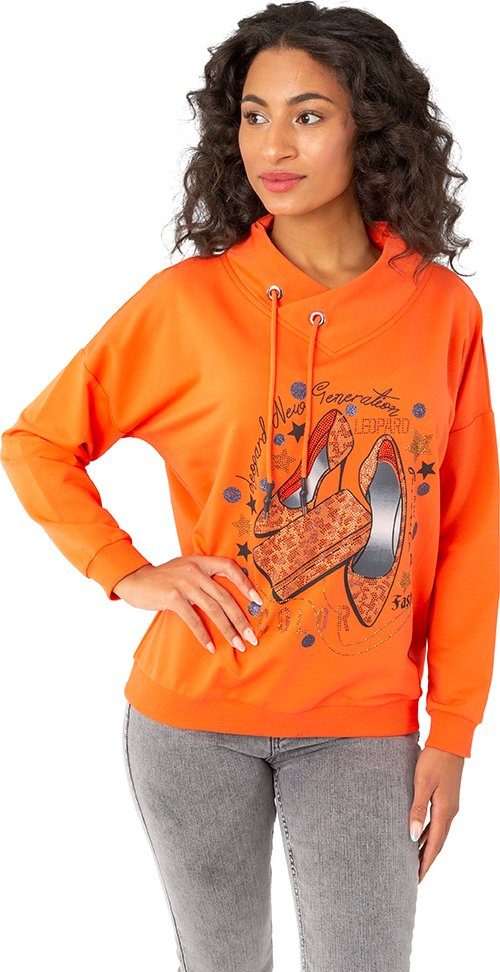 Gio Milano Sweatshirt G27-7127 mit Frontprint und Strassbesatz Tunnelzug im Kragen orange