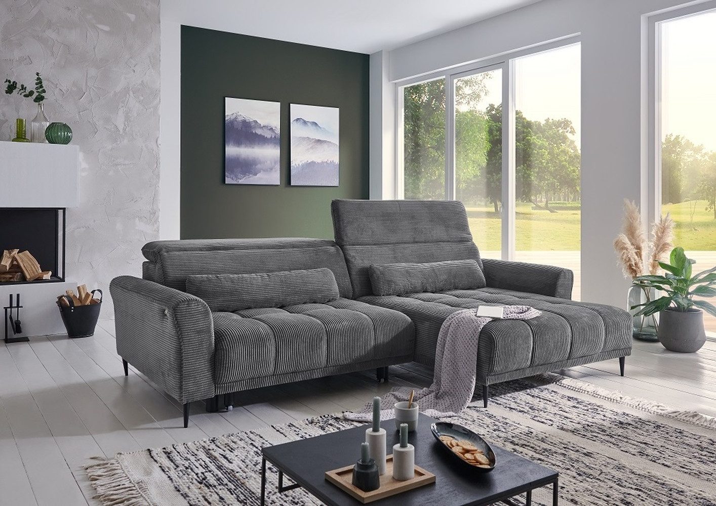 freiraum Wohnlandschaft Wolve, Kopfteilverstellungen, 2 Kissen, dunkelgrau - 277x108x179cm (BxHxT)