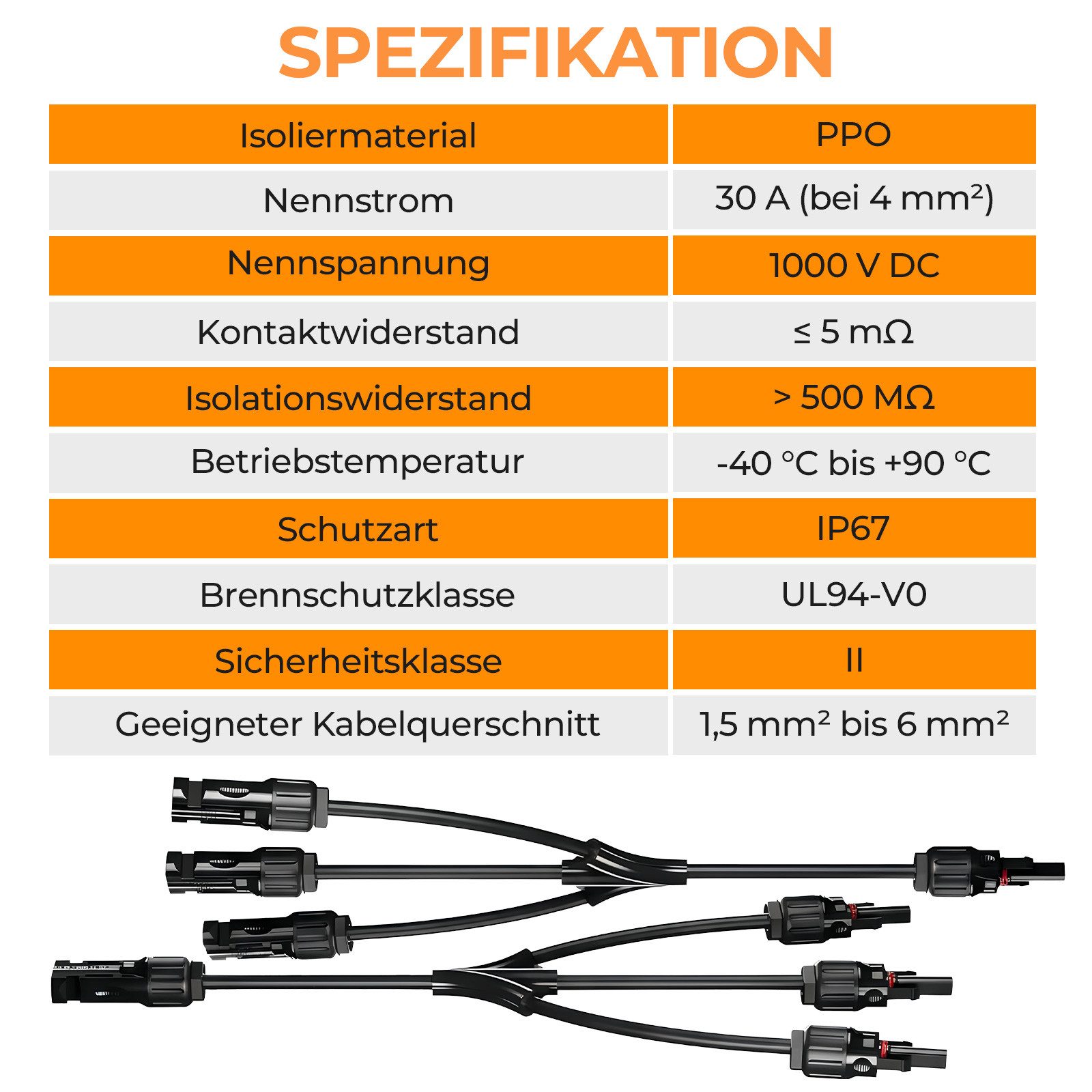 Rhein Beleuchtung Solarmodul Solarstecker Verteiler Set 1 zu 2/3/4 MC4 Y-Stecker Verbindung, 0 W, Hochreiner Kupferkern und PPE-Material, (Set, 1-St., Für PV-Ka – Bild 5 von 5